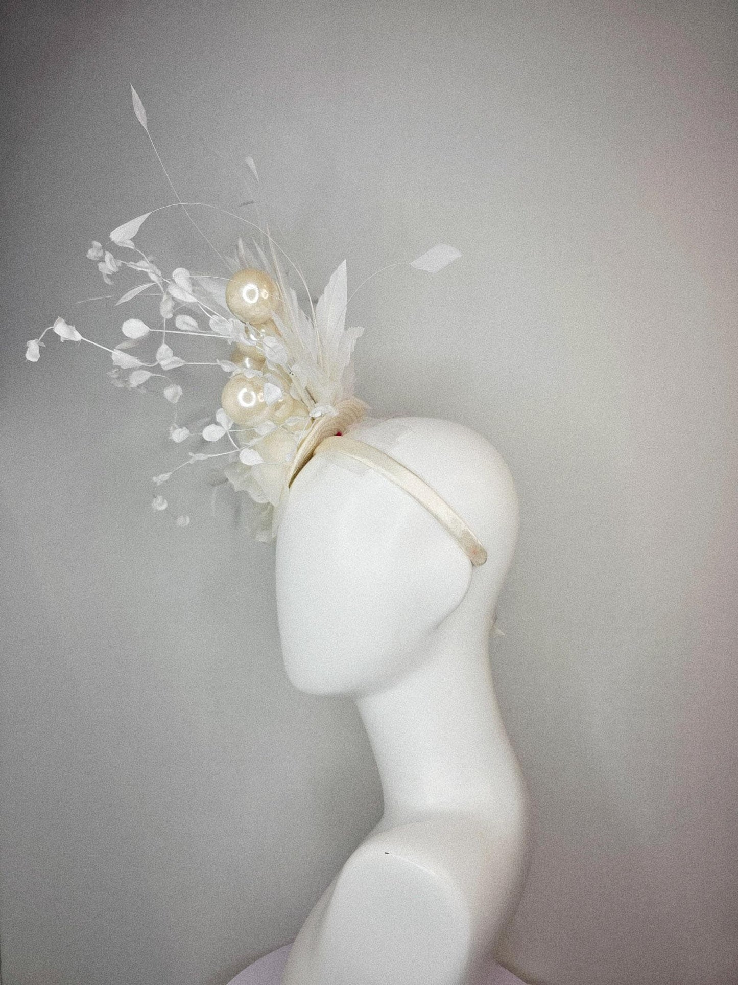 kentucky derby hat fascinator neutral ivory white organza roses with organza leaves large ivory white pearls and white branching feathers