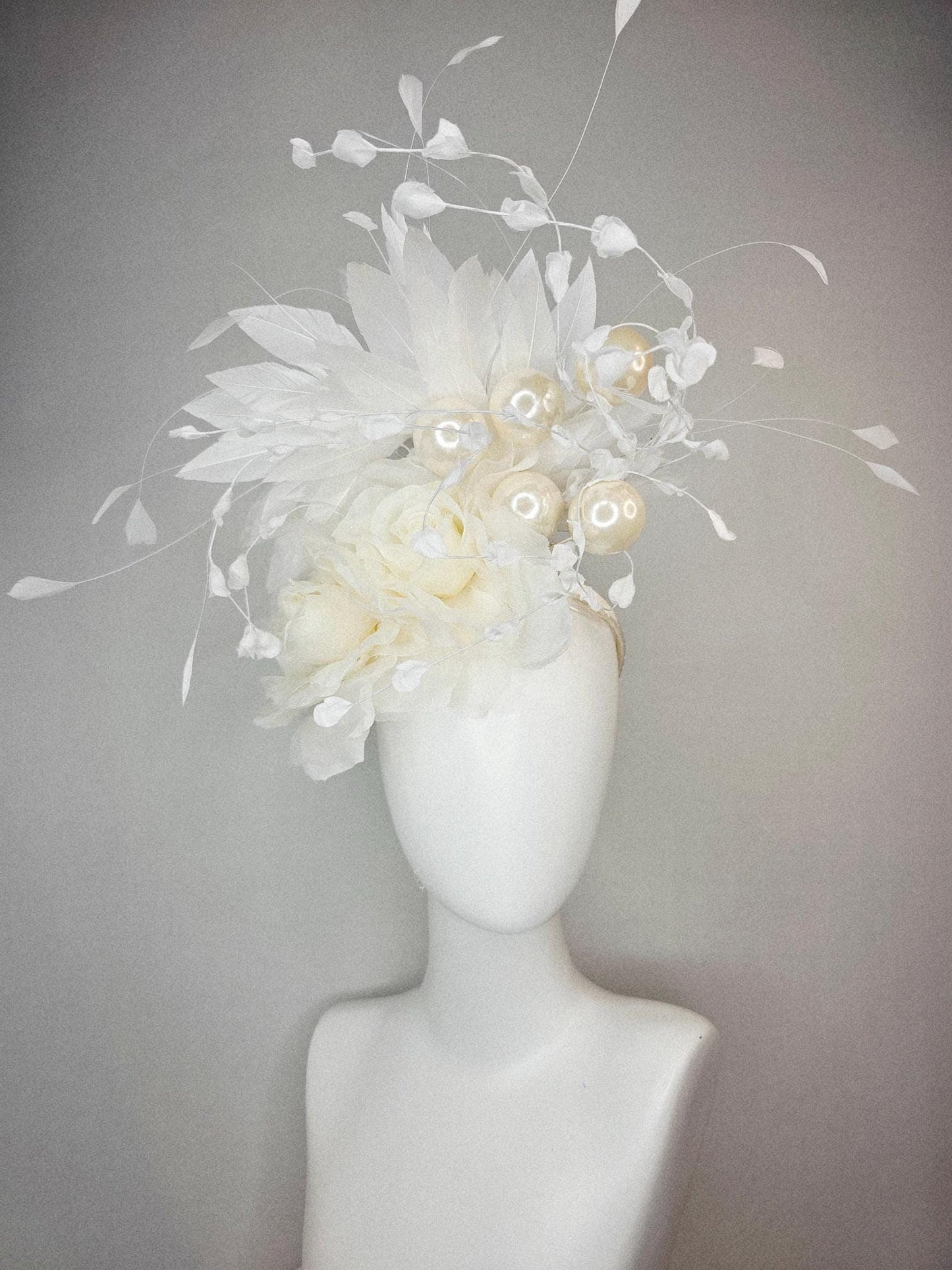 kentucky derby hat fascinator neutral ivory white organza roses with organza leaves large ivory white pearls and white branching feathers