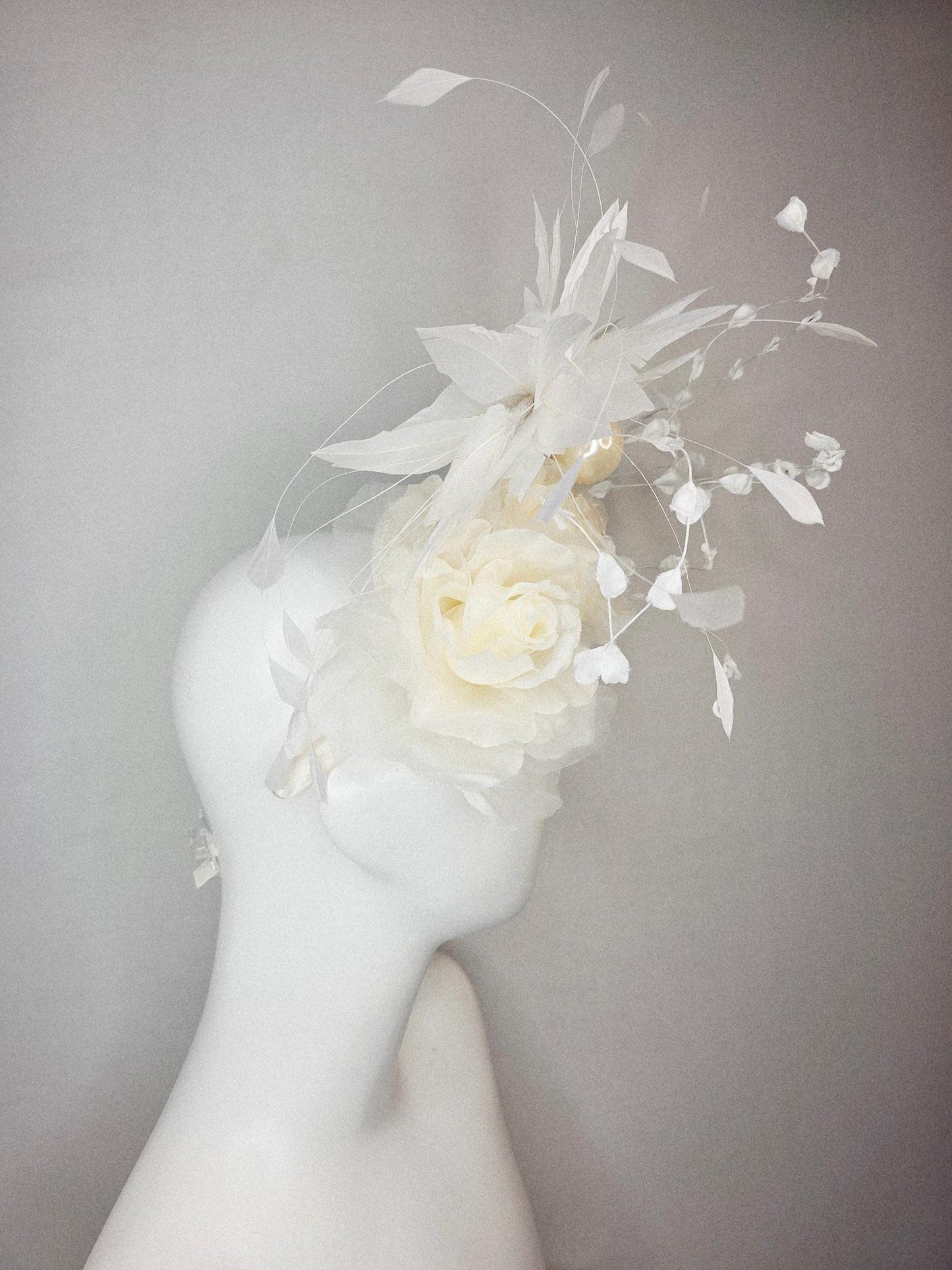 kentucky derby hat fascinator neutral ivory white organza roses with organza leaves large ivory white pearls and white branching feathers