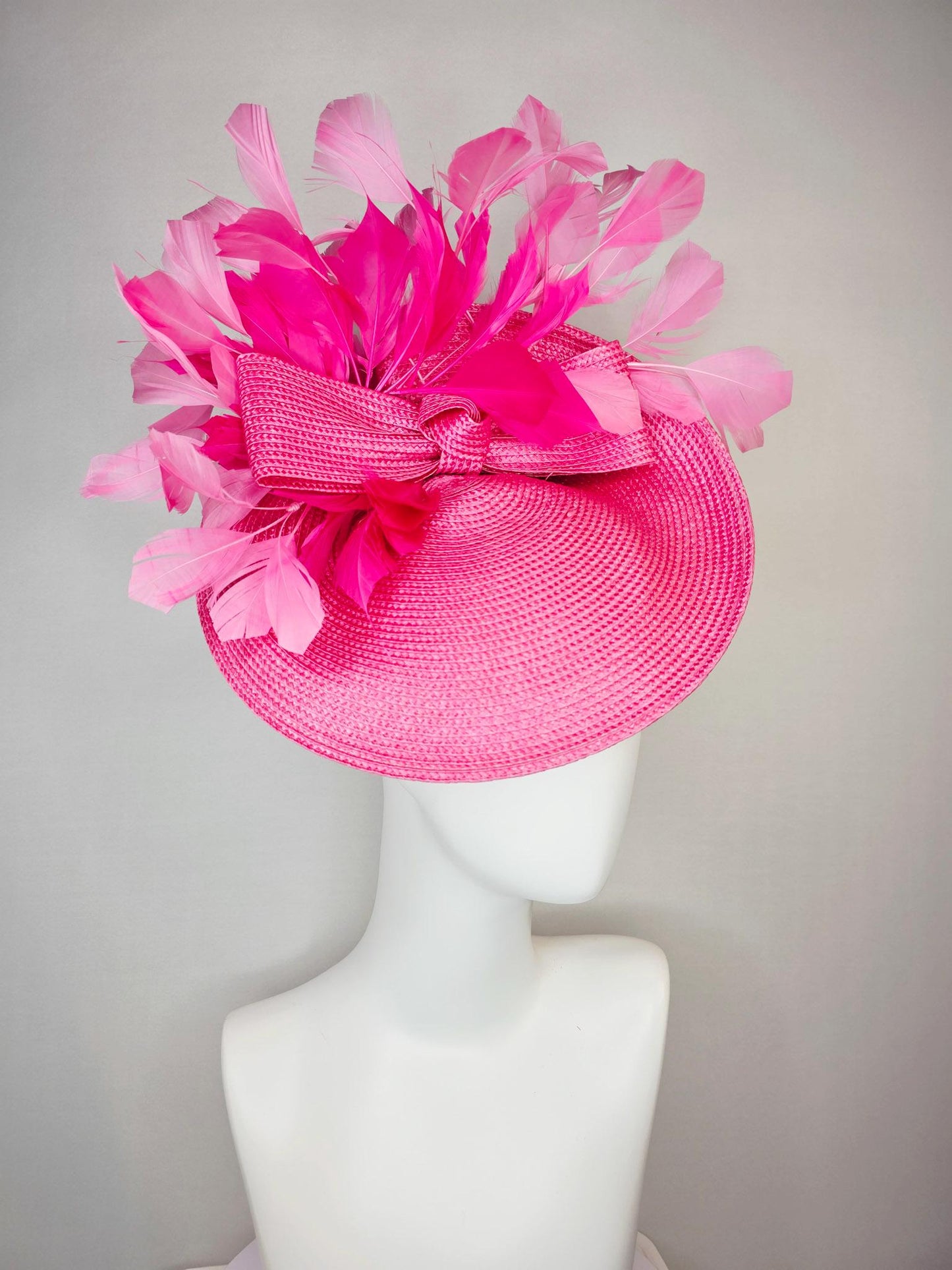 kentucky derby hat fascinator hot pink straw saucer with pink straw bow and fuchsia and blush pink branching feathers