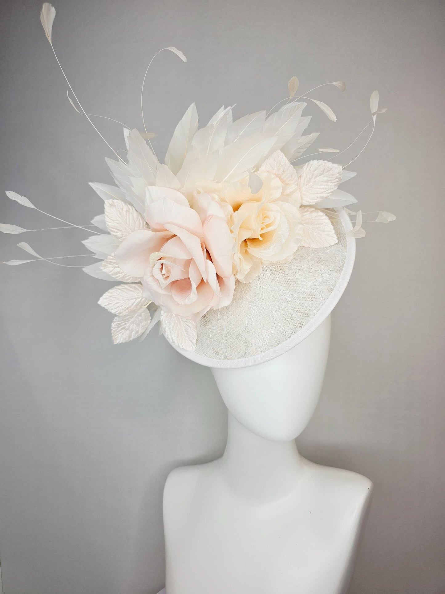 kentucky derby hat fascinator neutral ivory white sinamay saucer with champagne pink and cream organza roses with leaves and white feathers