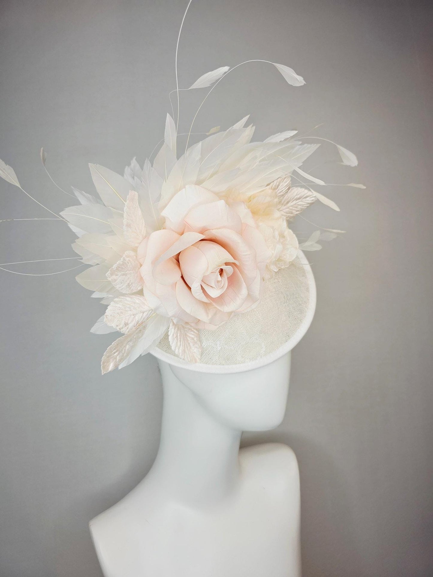 kentucky derby hat fascinator neutral ivory white sinamay saucer with champagne pink and cream organza roses with leaves and white feathers