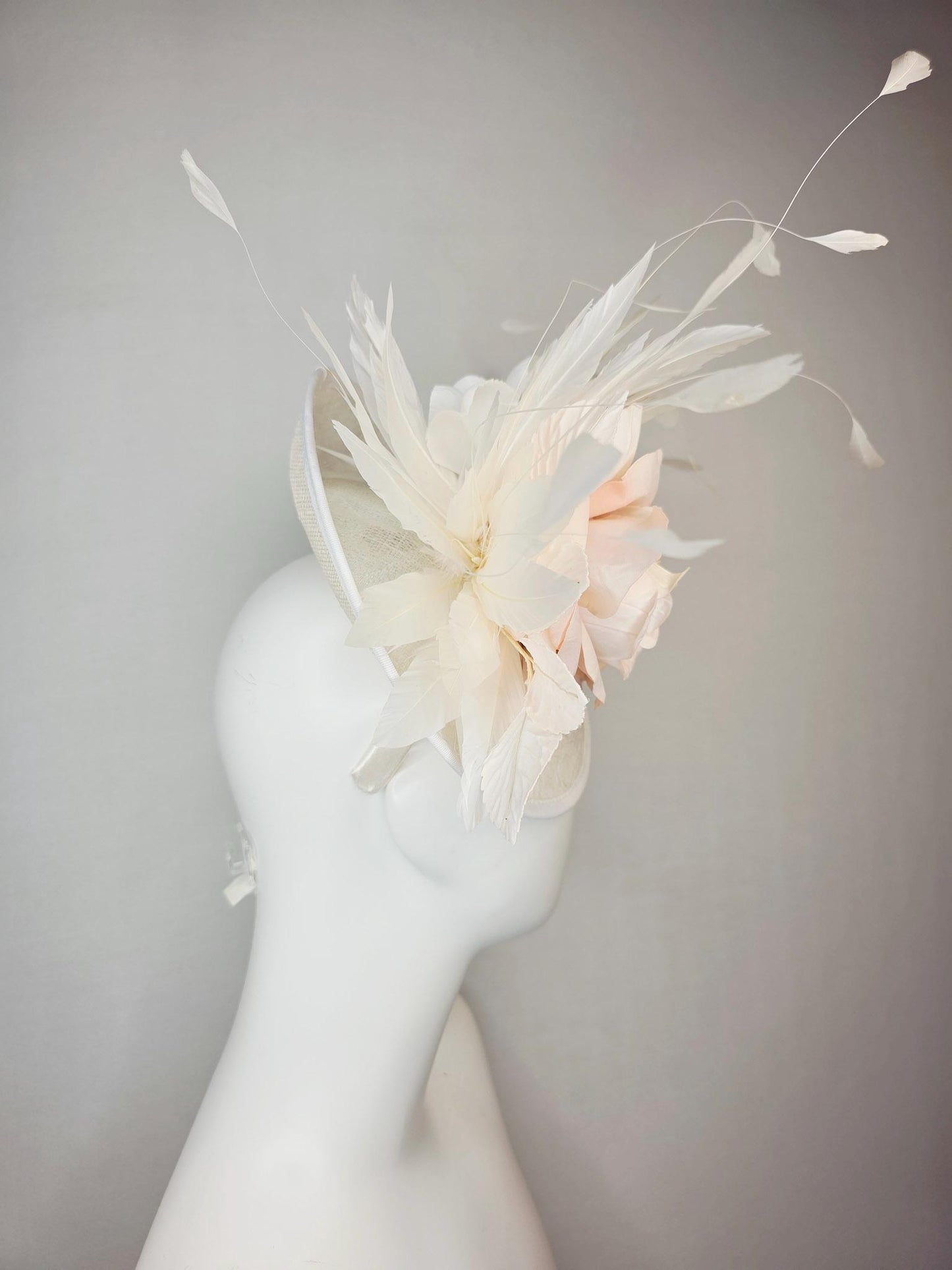 kentucky derby hat fascinator neutral ivory white sinamay saucer with champagne pink and cream organza roses with leaves and white feathers