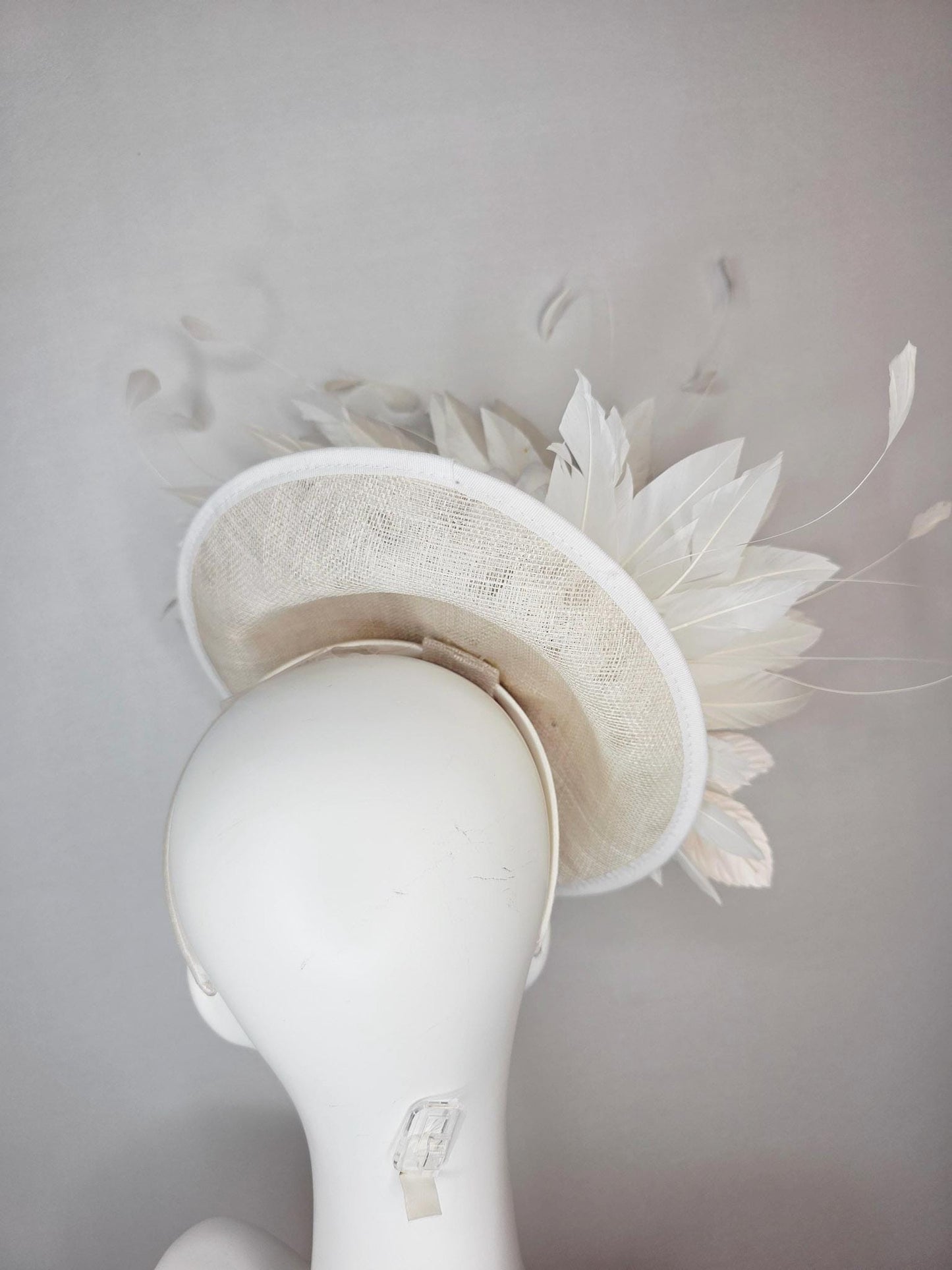 kentucky derby hat fascinator neutral ivory white sinamay saucer with champagne pink and cream organza roses with leaves and white feathers