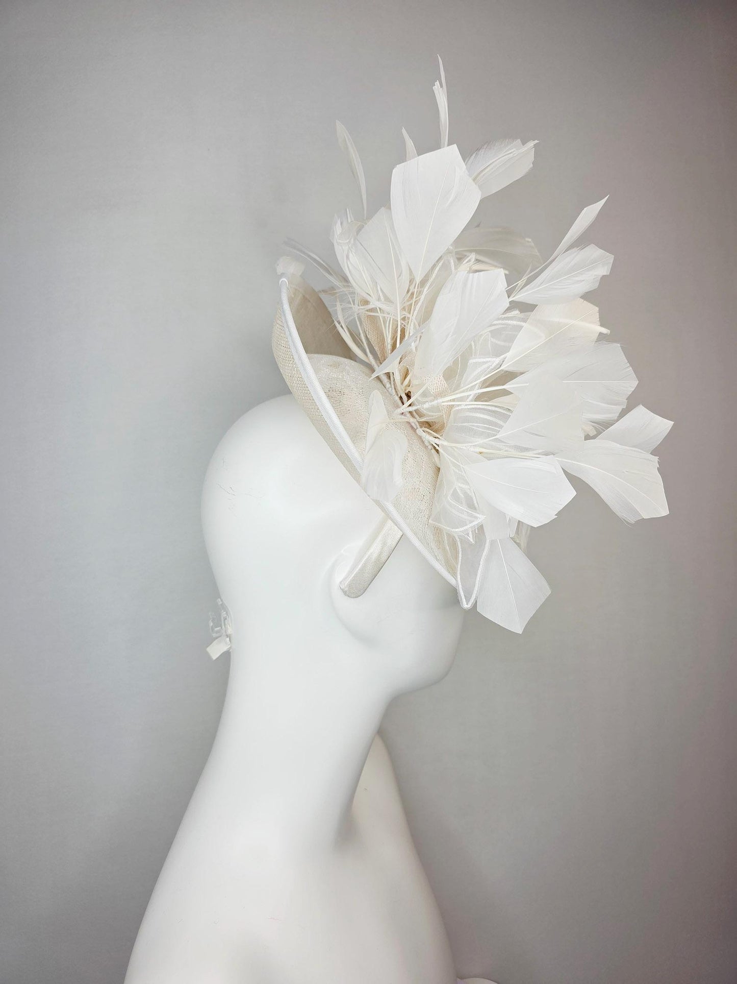 kentucky derby hat fascinator neutral ivory white sinamay saucer with white organza flowers with silver sequins and white branching feathers
