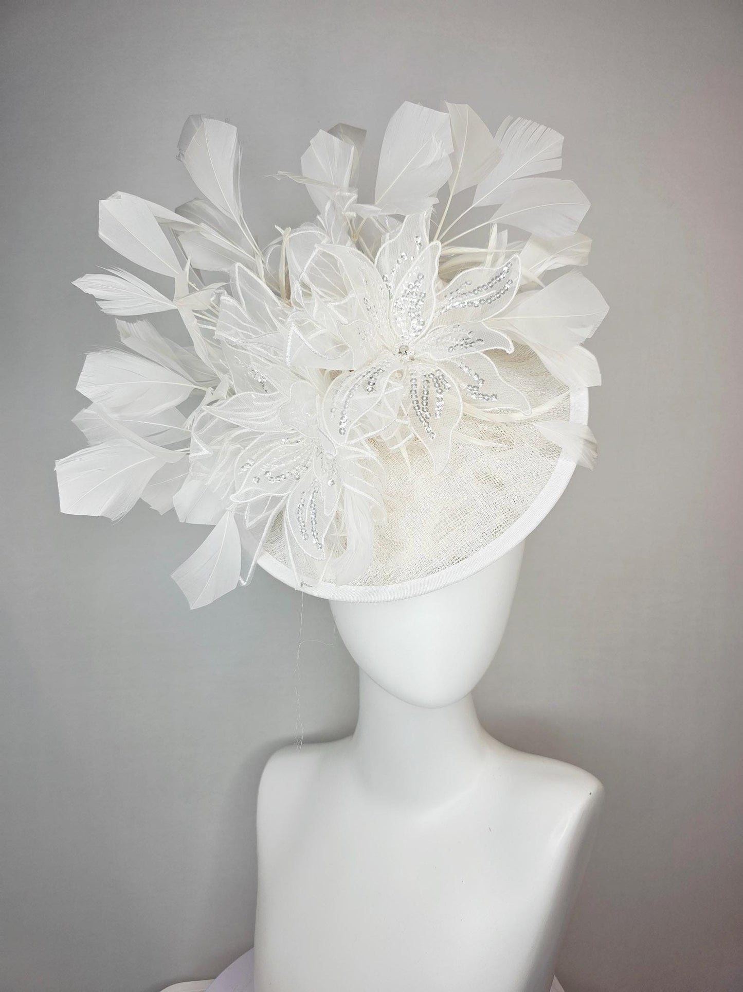 kentucky derby hat fascinator neutral ivory white sinamay saucer with white organza flowers with silver sequins and white branching feathers