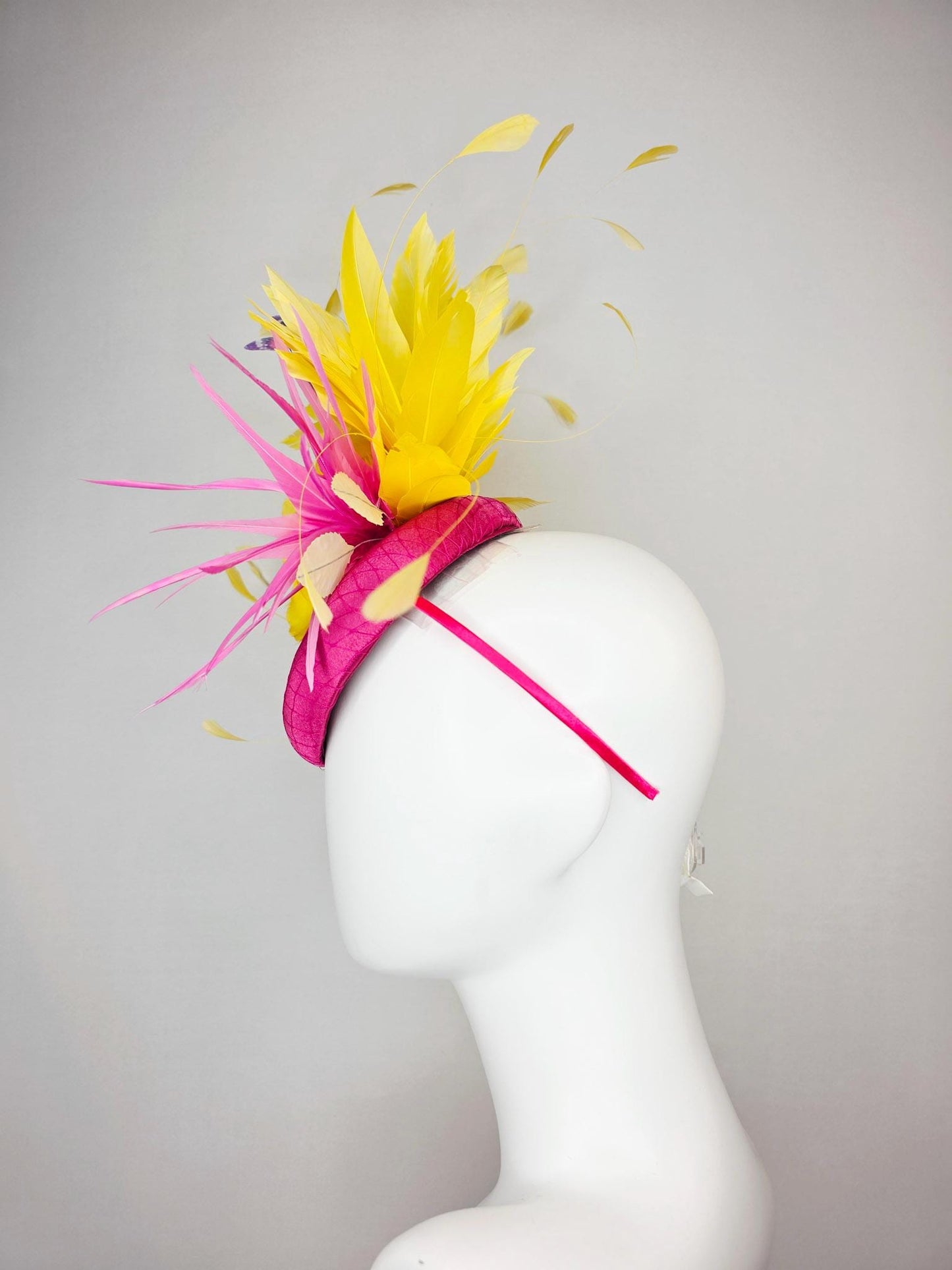 kentucky derby hat fascinator hot pink satin with netting yellow satin rose white leaves pink feather flower yellow feathers and butterflies