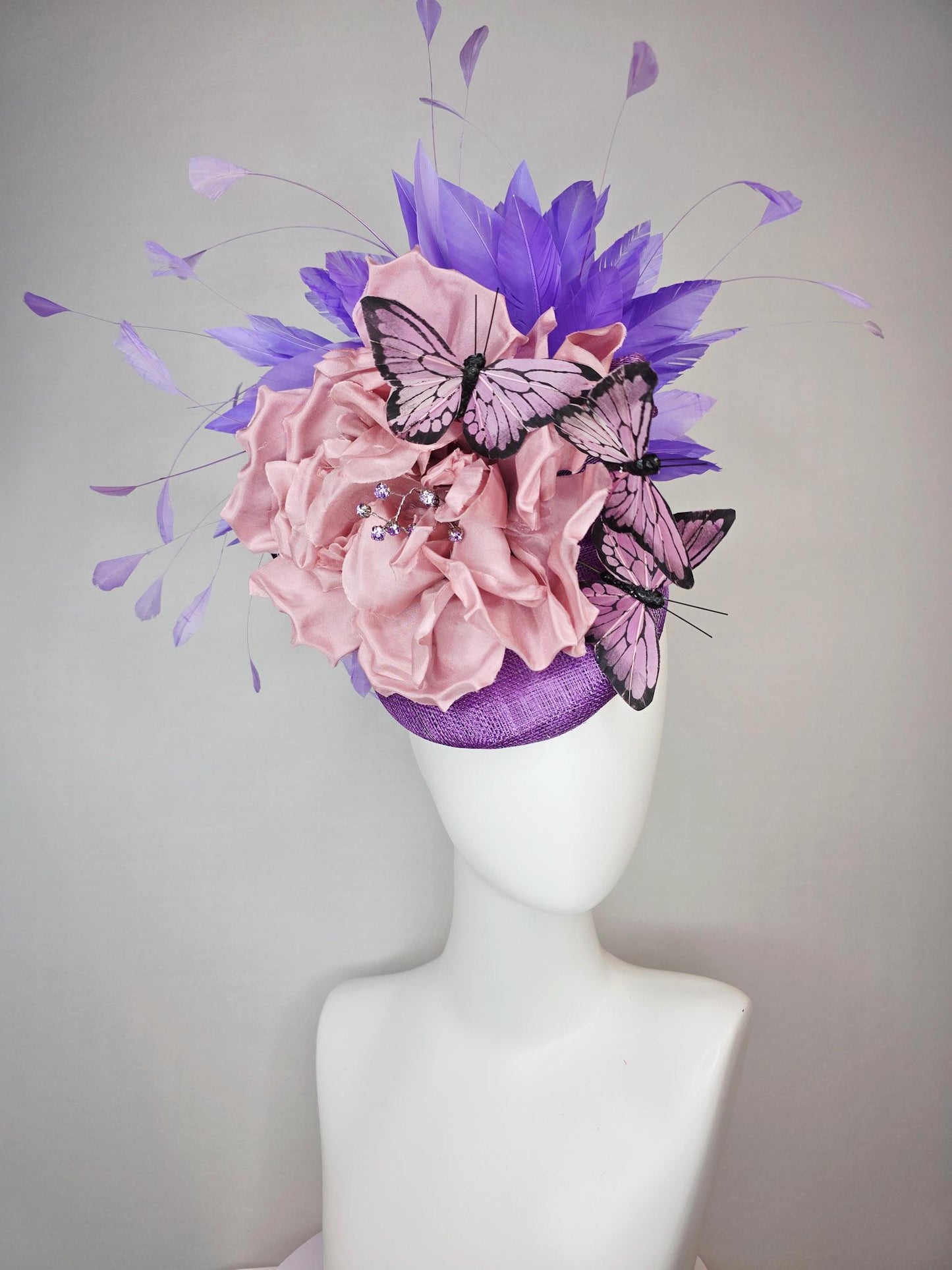 kentucky derby hat fascinator violet purple sinamay large dusty rose pink satin flower  purple feathers lilac lavender purple butterflies
