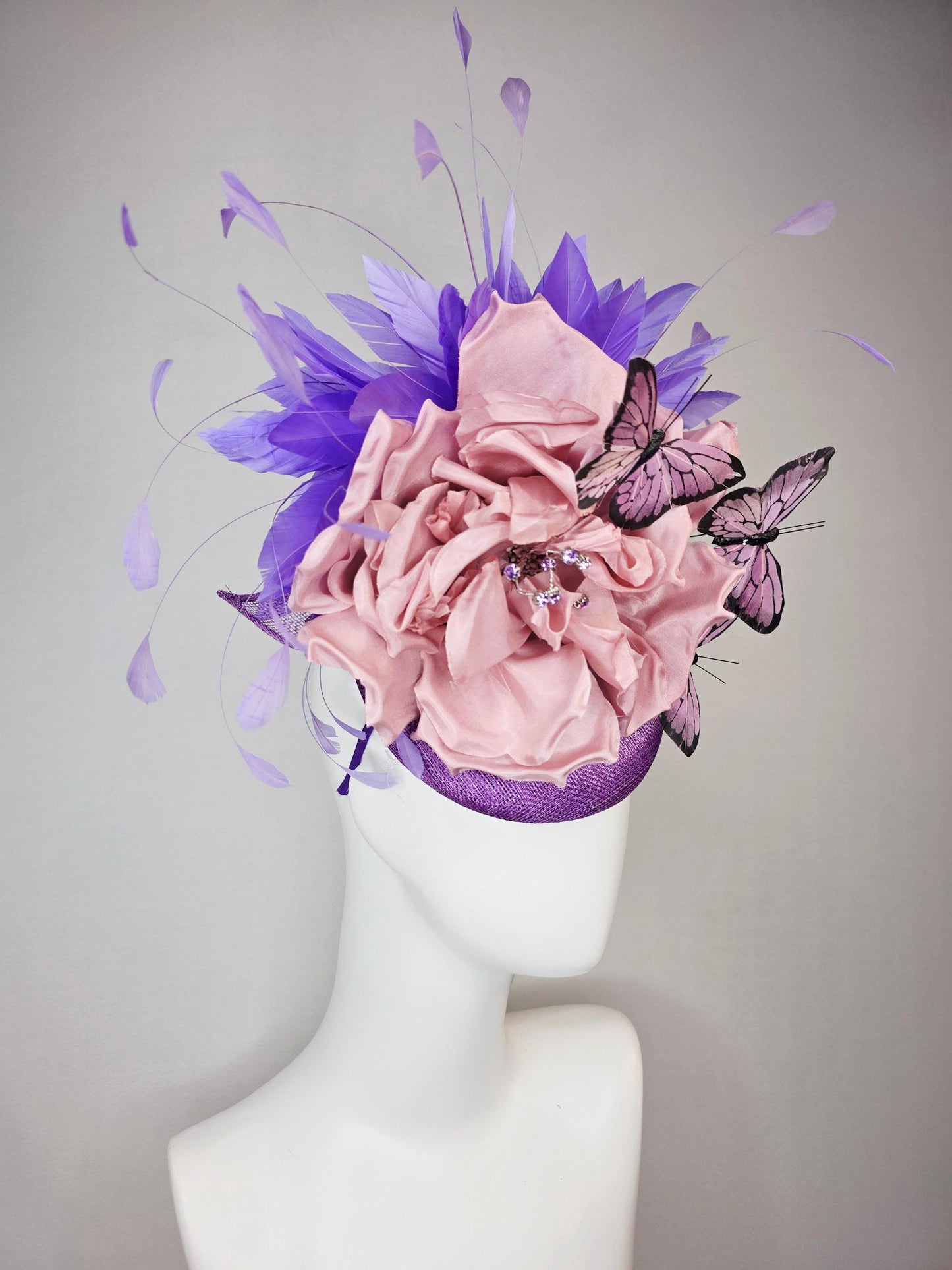 kentucky derby hat fascinator violet purple sinamay large dusty rose pink satin flower  purple feathers lilac lavender purple butterflies