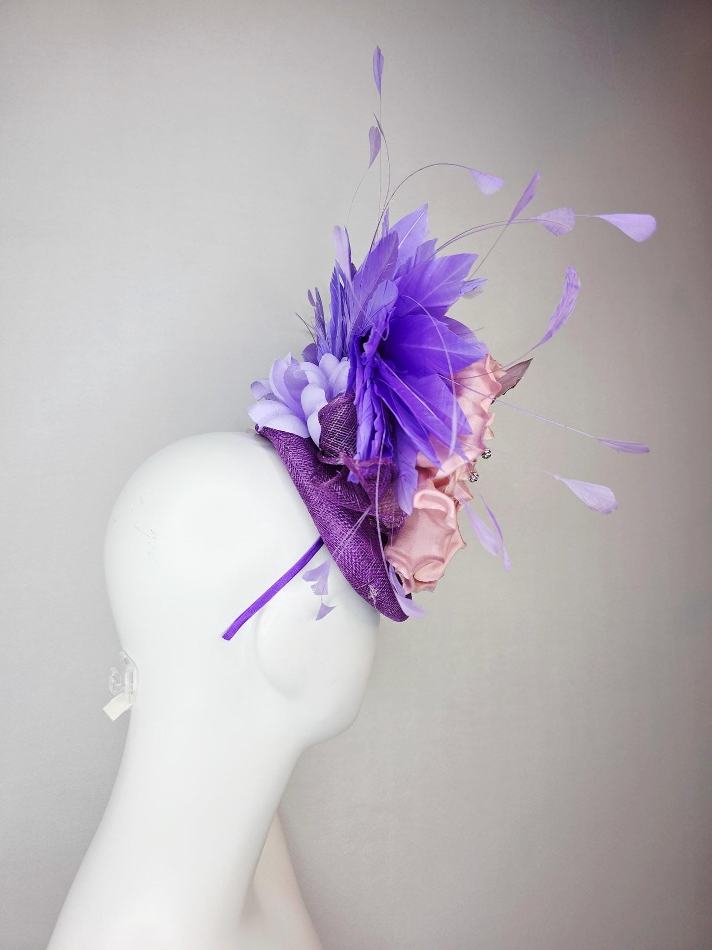 kentucky derby hat fascinator violet purple sinamay large dusty rose pink satin flower  purple feathers lilac lavender purple butterflies
