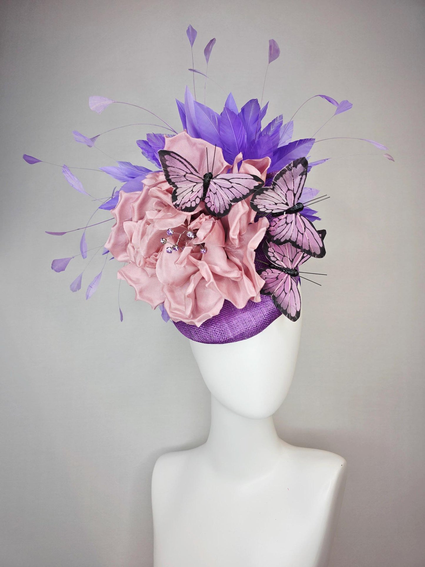 kentucky derby hat fascinator violet purple sinamay large dusty rose pink satin flower  purple feathers lilac lavender purple butterflies