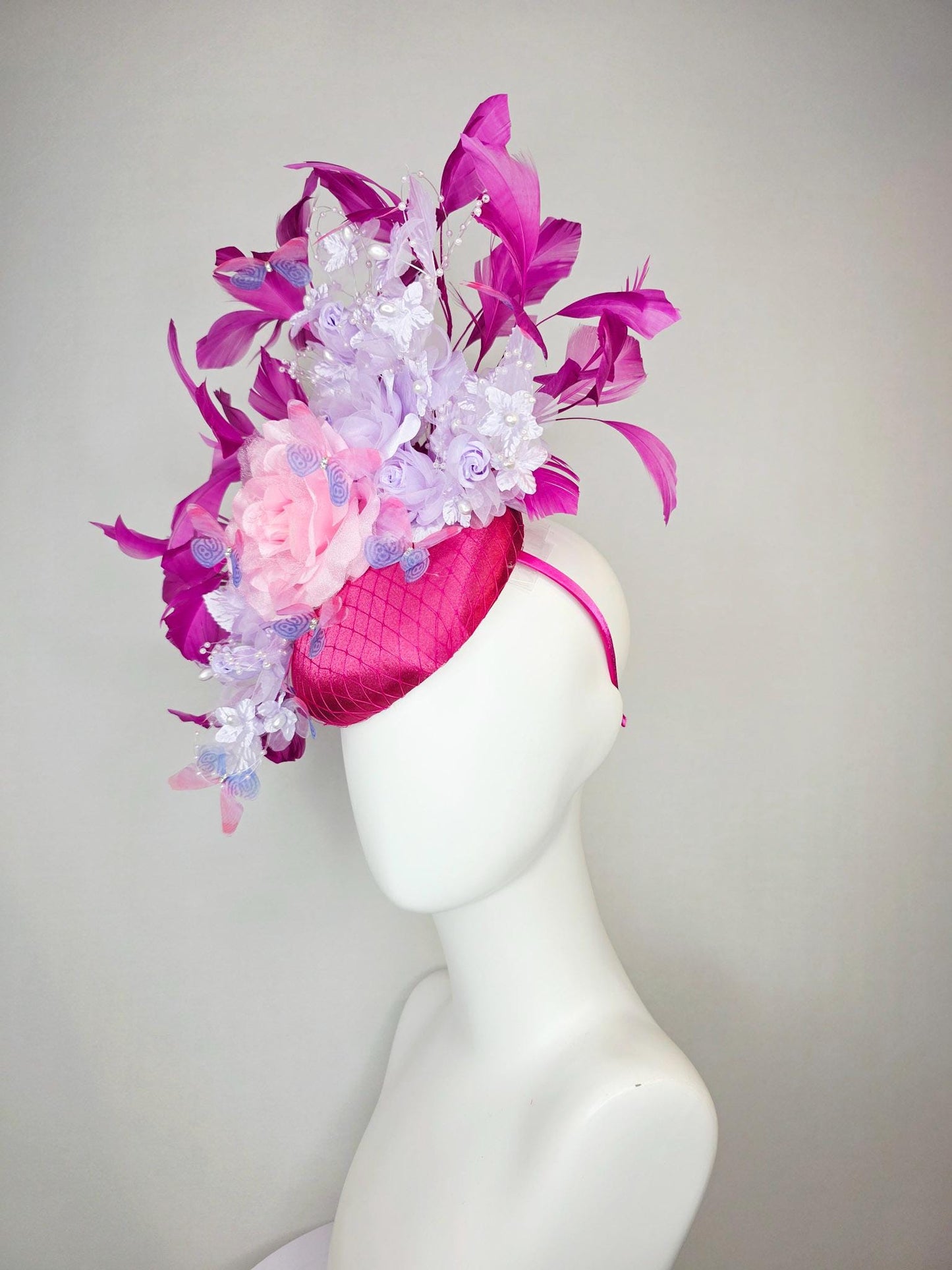 kentucky derby hat fascinator pink satin with netting light pink lavender purple organza satin roses pearl steams magenta feathers butterfly