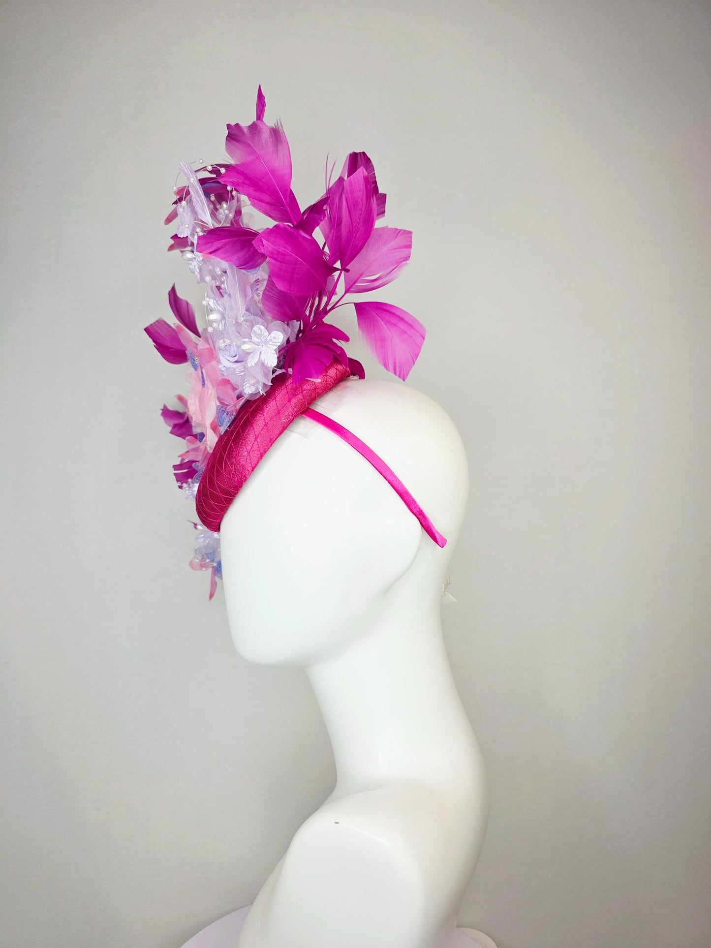 kentucky derby hat fascinator pink satin with netting light pink lavender purple organza satin roses pearl steams magenta feathers butterfly