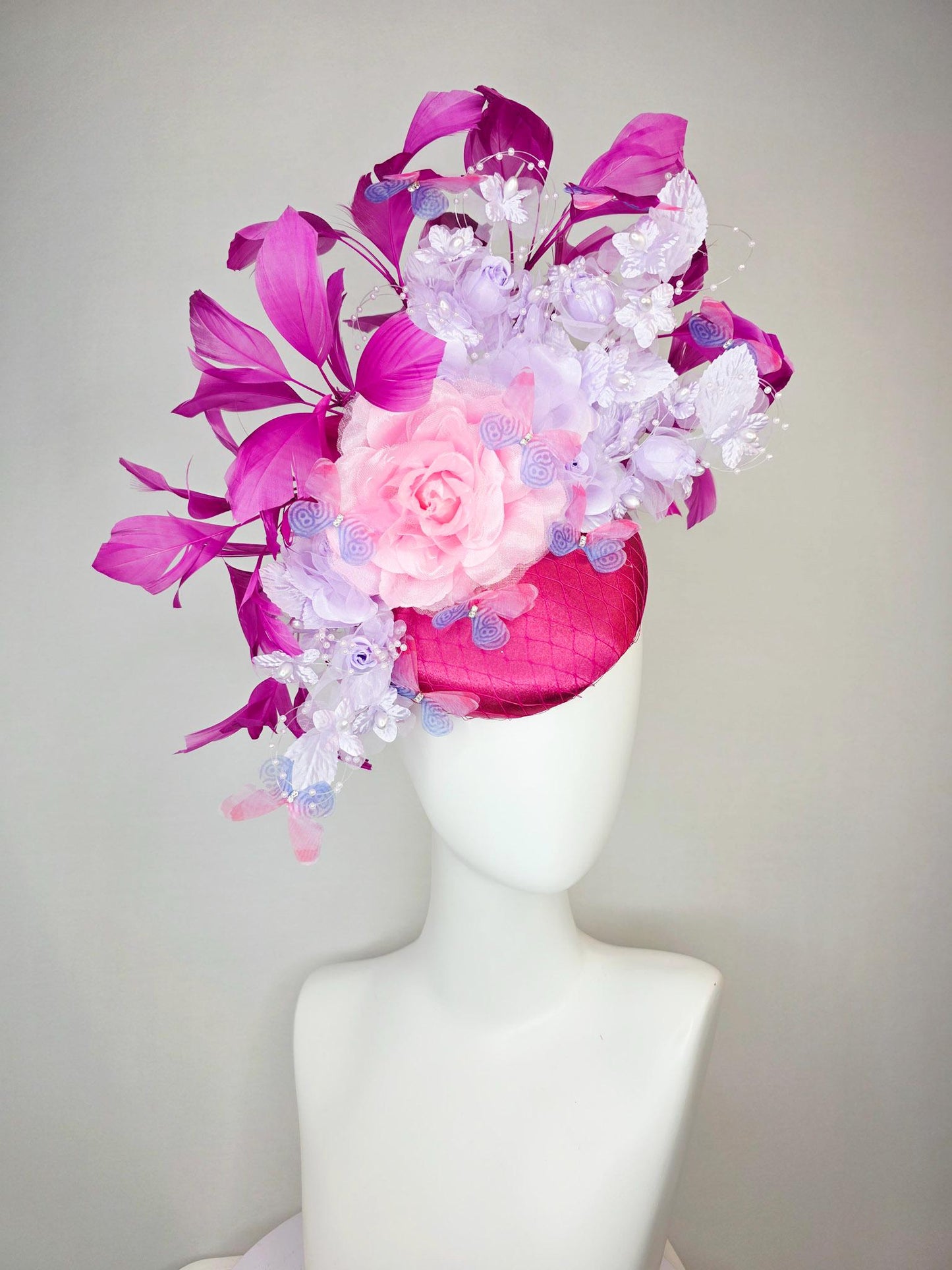 kentucky derby hat fascinator pink satin with netting light pink lavender purple organza satin roses pearl steams magenta feathers butterfly