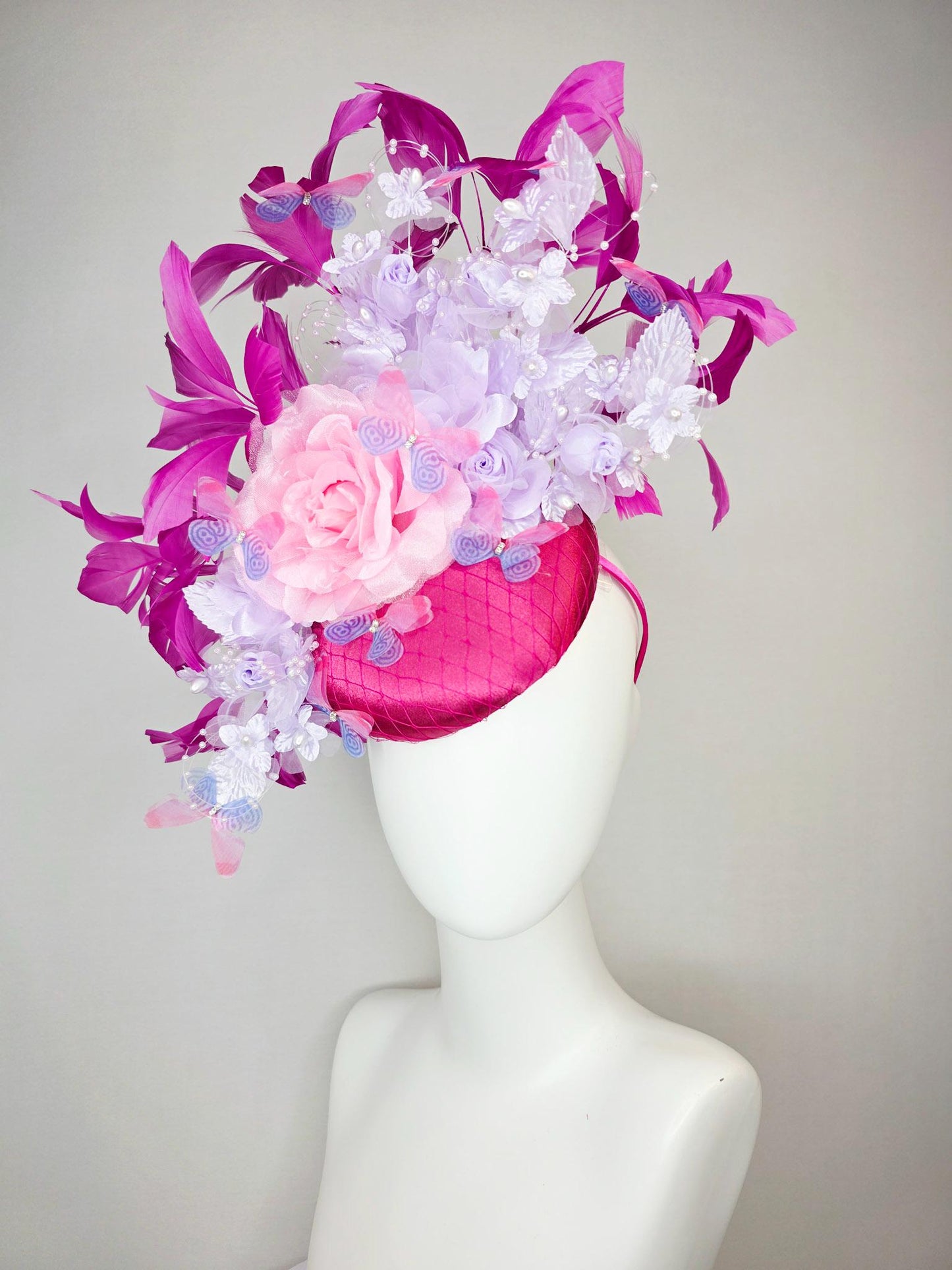 kentucky derby hat fascinator pink satin with netting light pink lavender purple organza satin roses pearl steams magenta feathers butterfly