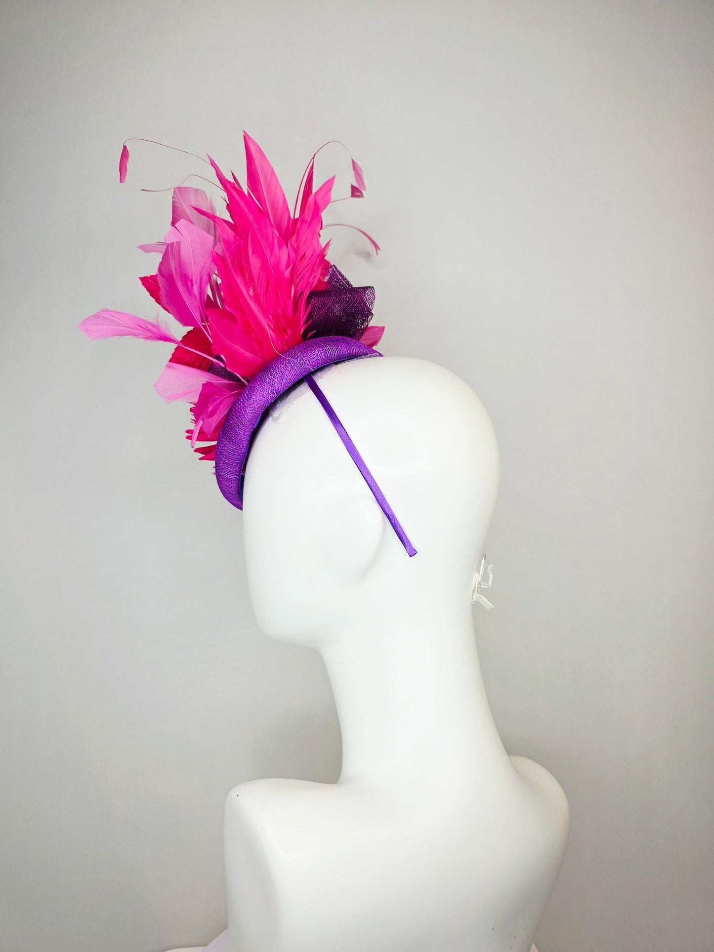 kentucky derby hat fascinator violet purple sinamay with hot pink satin flower and bright pink leaves blush and fuchsia pink feathers