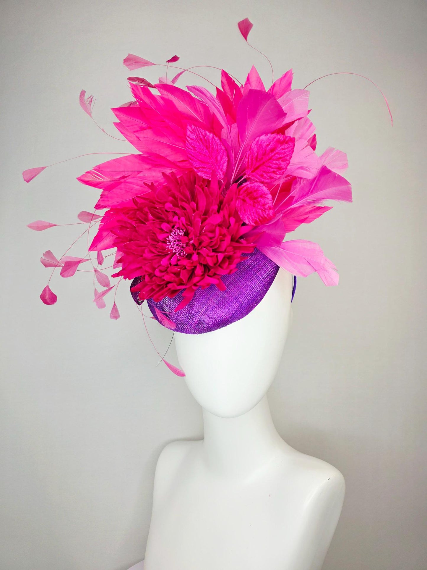 kentucky derby hat fascinator violet purple sinamay with hot pink satin flower and bright pink leaves blush and fuchsia pink feathers
