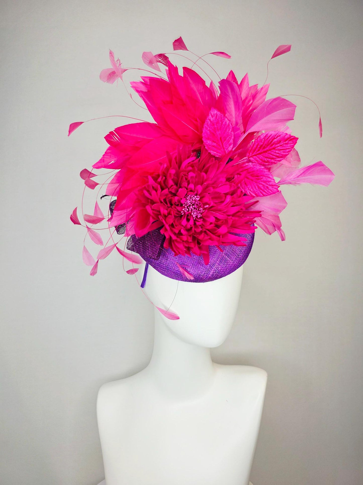 kentucky derby hat fascinator violet purple sinamay with hot pink satin flower and bright pink leaves blush and fuchsia pink feathers