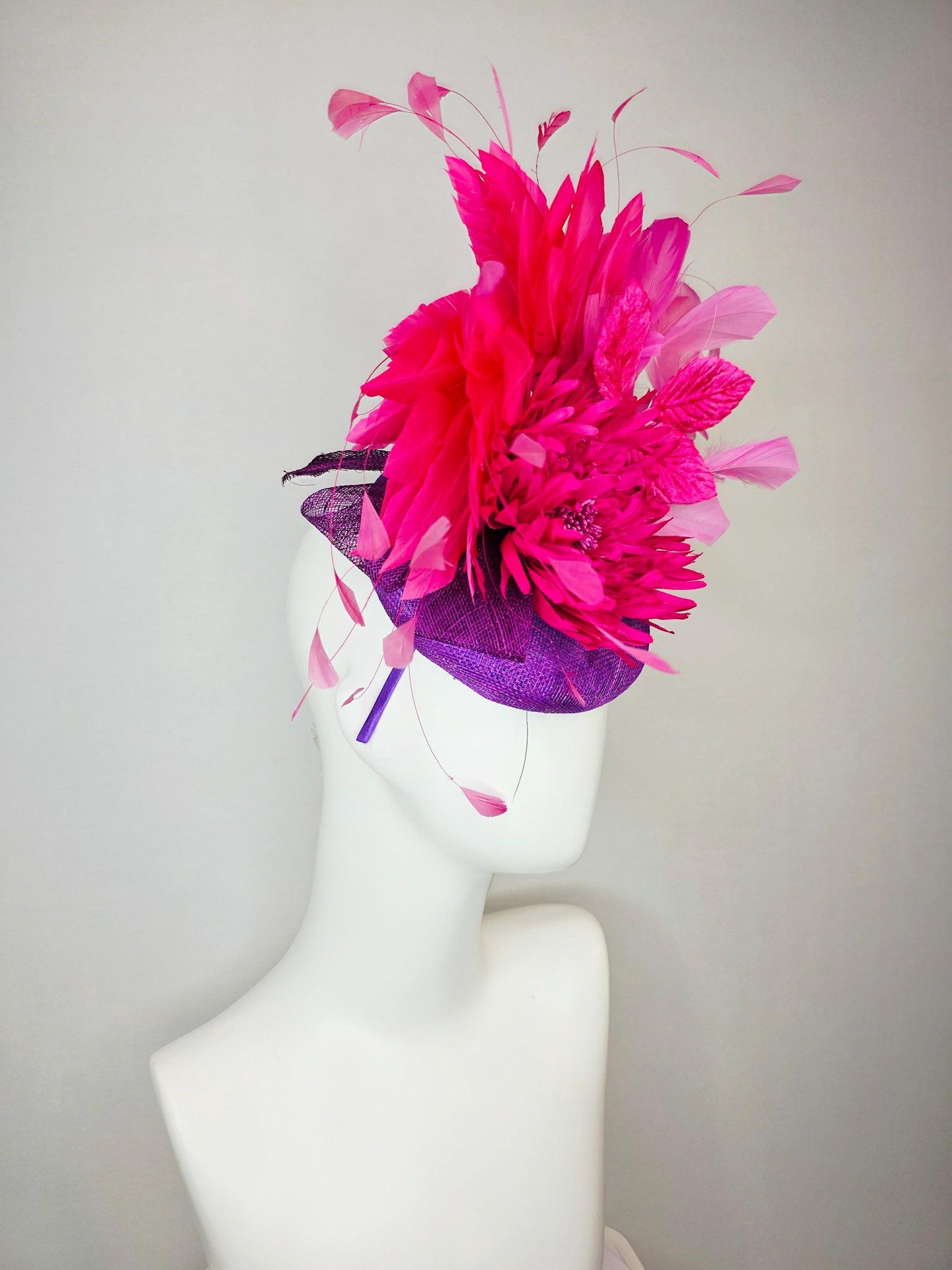 kentucky derby hat fascinator violet purple sinamay with hot pink satin flower and bright pink leaves blush and fuchsia pink feathers