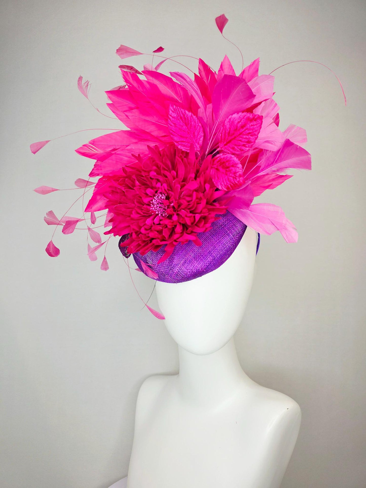 kentucky derby hat fascinator violet purple sinamay with hot pink satin flower and bright pink leaves blush and fuchsia pink feathers
