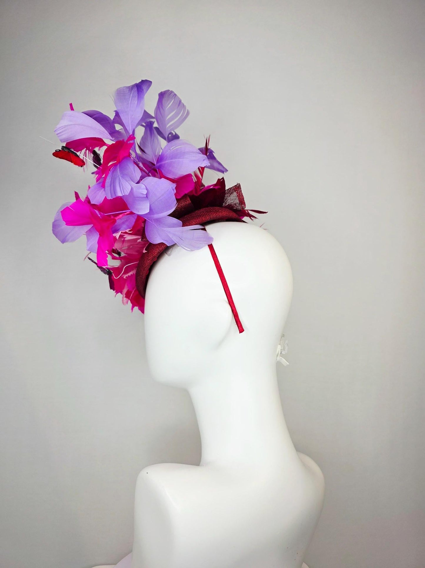 kentucky derby hat fascinator burgundy red sinamay fuchsia pink lavender purple branching feathers red and dark pink butterflies