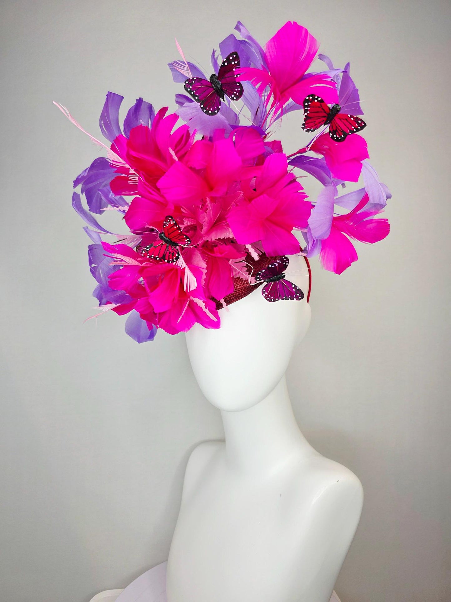 kentucky derby hat fascinator burgundy red sinamay fuchsia pink lavender purple branching feathers red and dark pink butterflies