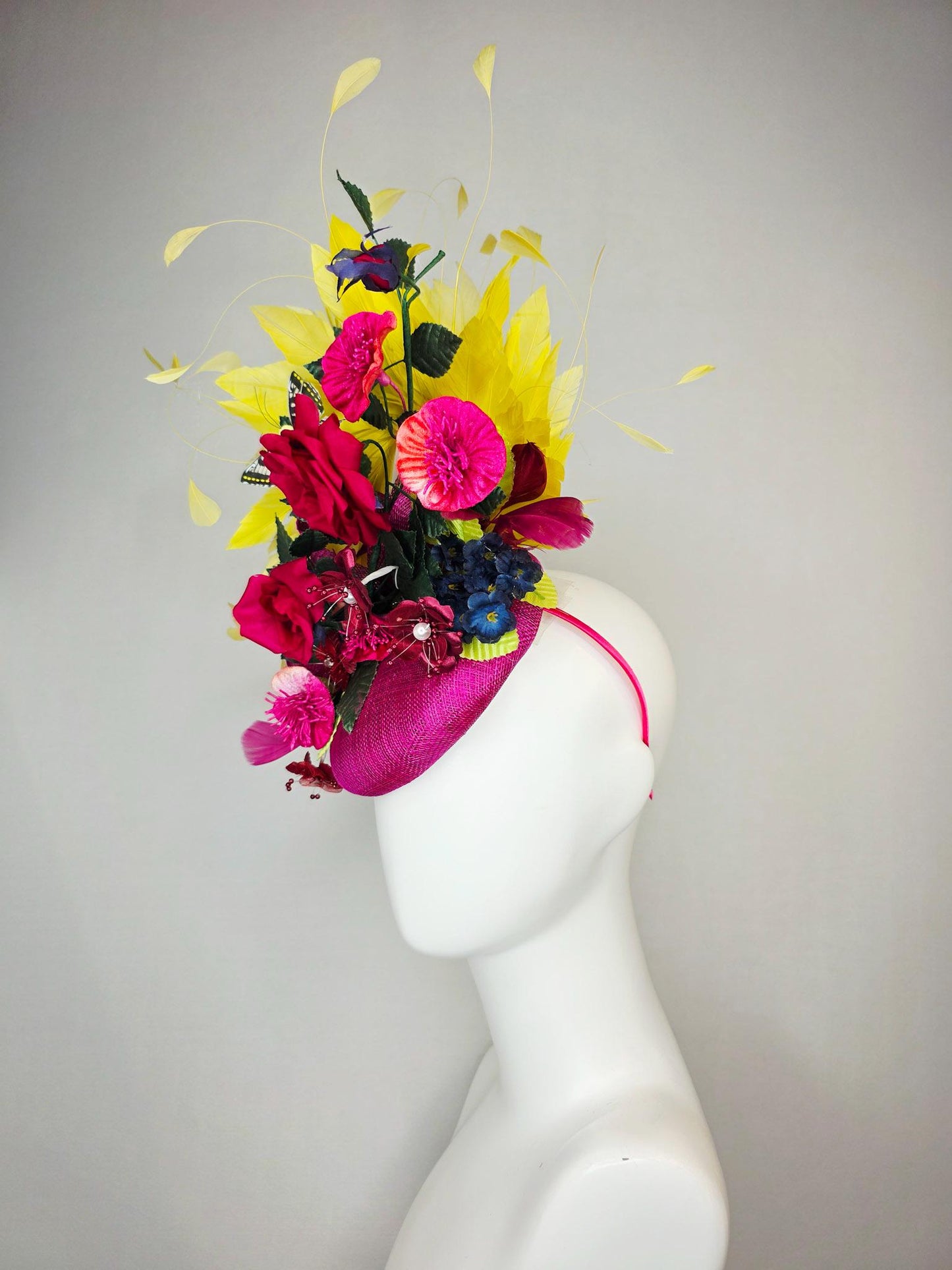 kentucky derby hat fascinator pink sinamay red satin roses fuchsia navy blue burgundy flowers dark green leaves yellow feathers butterfly