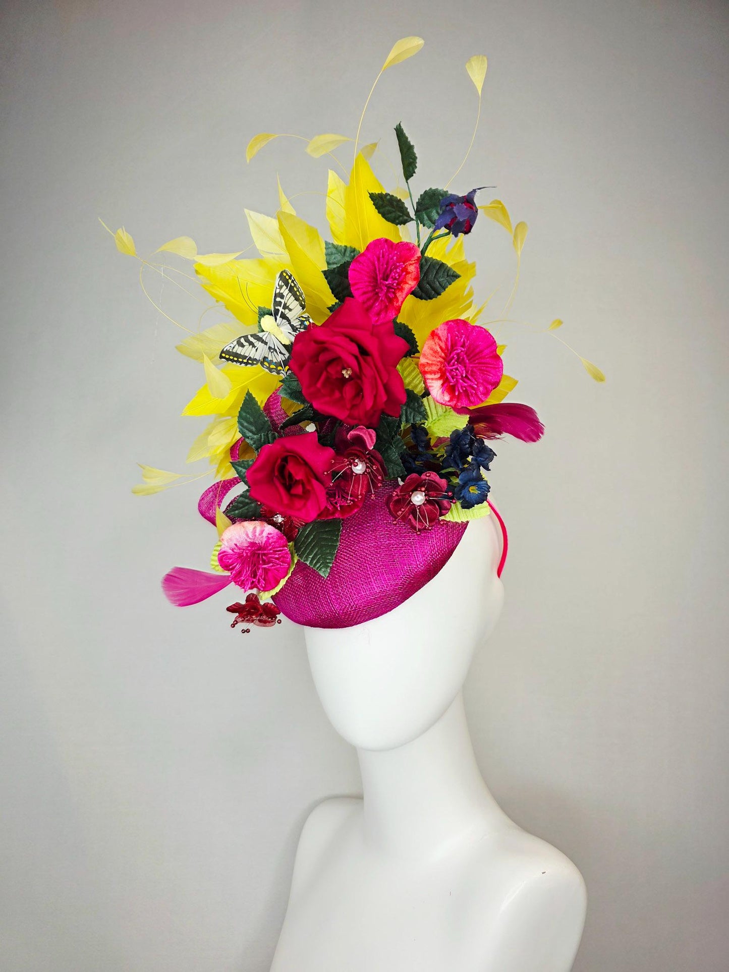 kentucky derby hat fascinator pink sinamay red satin roses fuchsia navy blue burgundy flowers dark green leaves yellow feathers butterfly