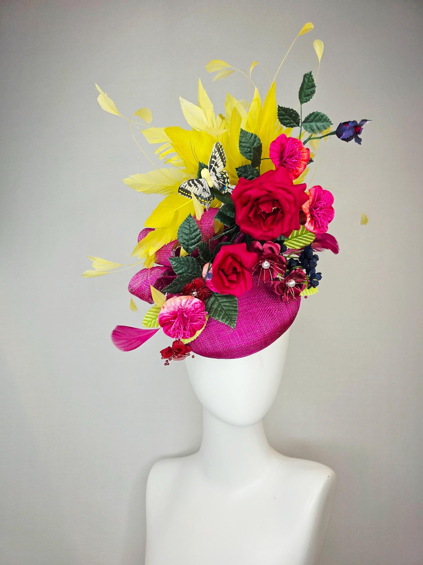 kentucky derby hat fascinator pink sinamay red satin roses fuchsia navy blue burgundy flowers dark green leaves yellow feathers butterfly