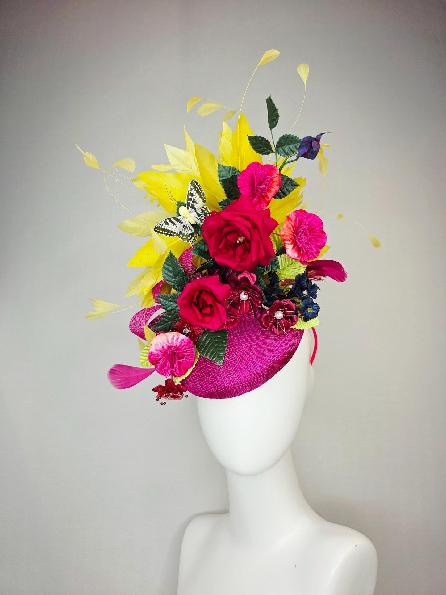 kentucky derby hat fascinator pink sinamay red satin roses fuchsia navy blue burgundy flowers dark green leaves yellow feathers butterfly