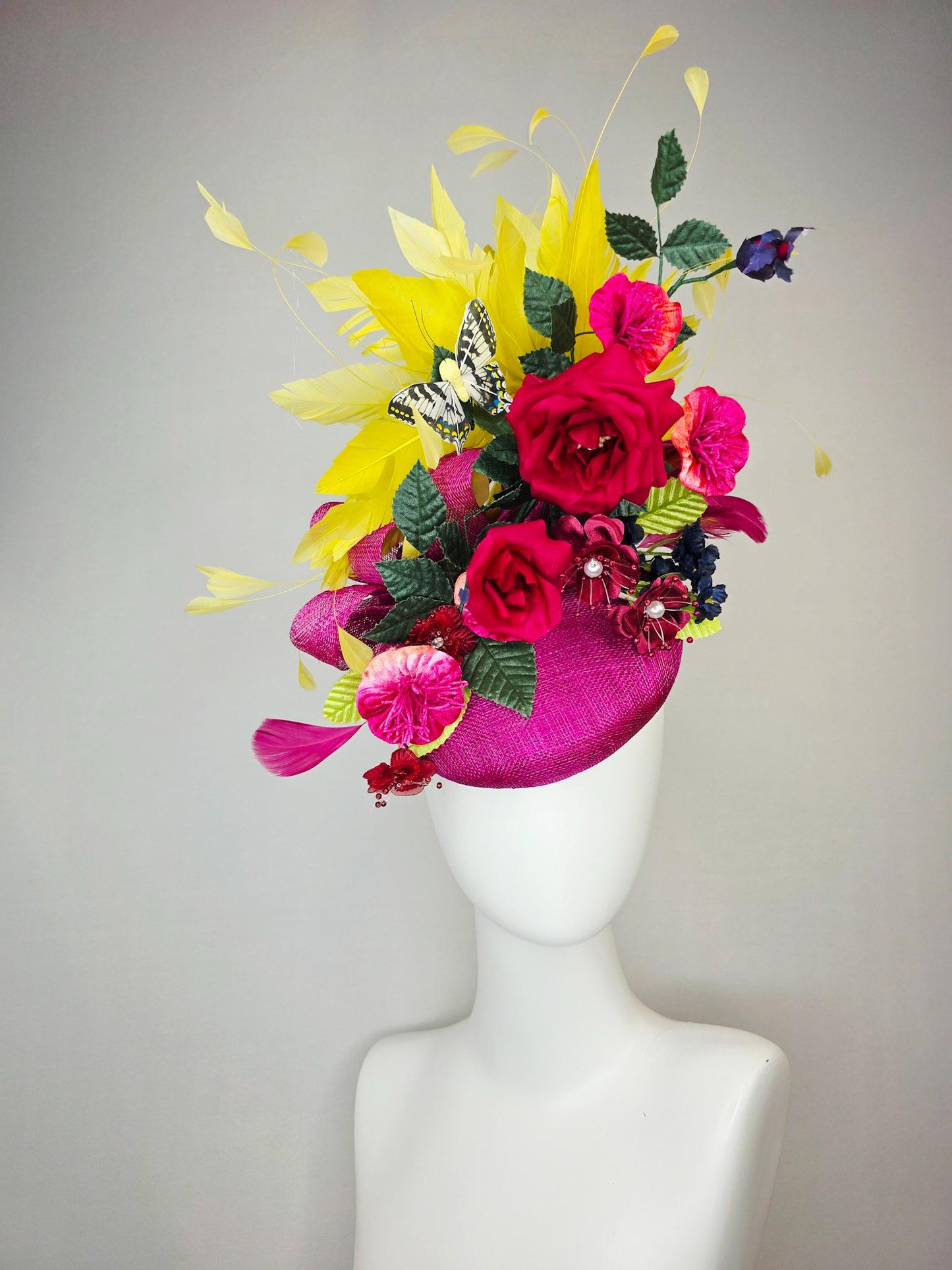 kentucky derby hat fascinator pink sinamay red satin roses fuchsia navy blue burgundy flowers dark green leaves yellow feathers butterfly