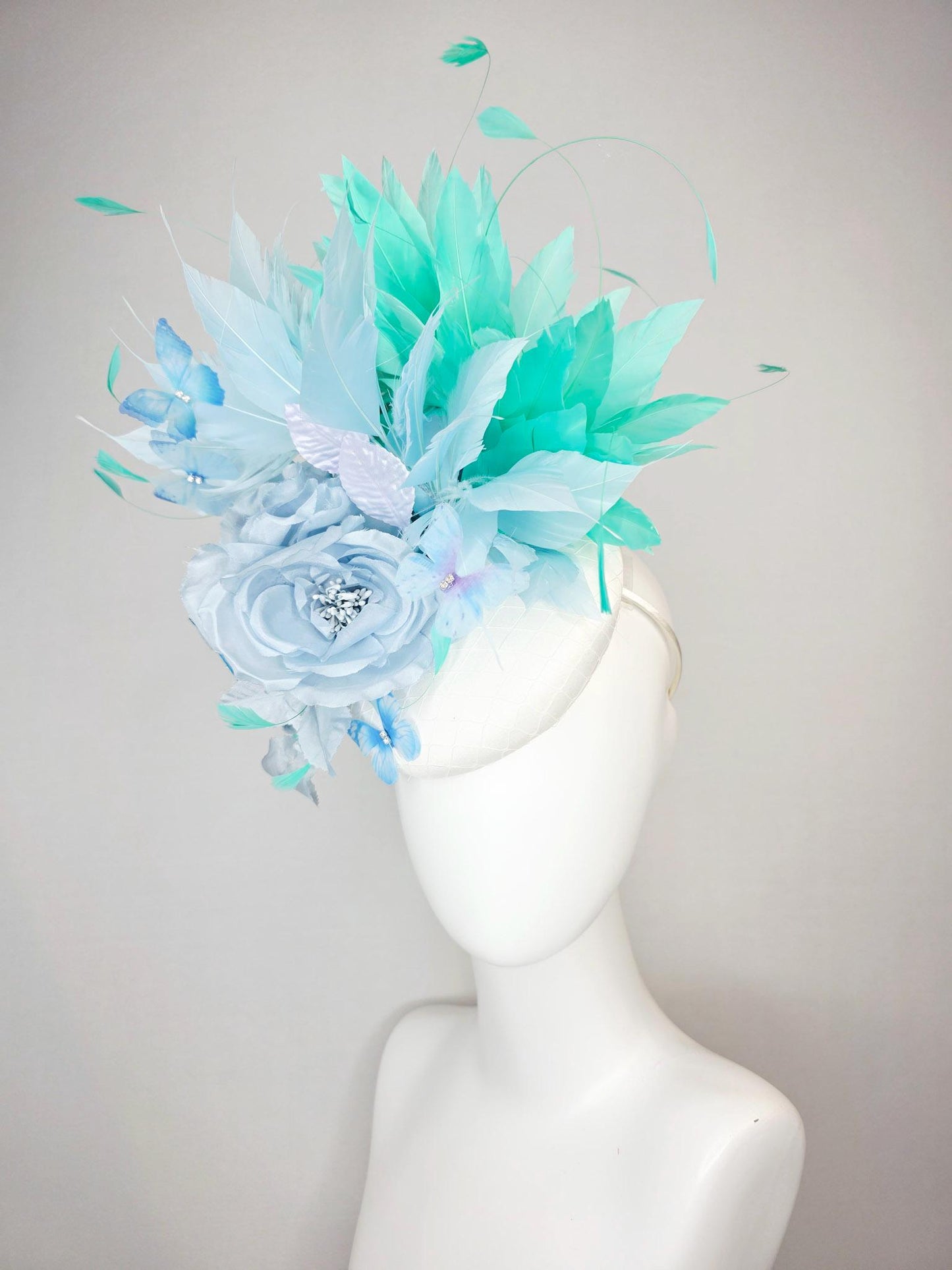 kentucky derby hat fascinator white satin with netting light blue organza rose light blue green mint aqua feathers sky blue butterflies