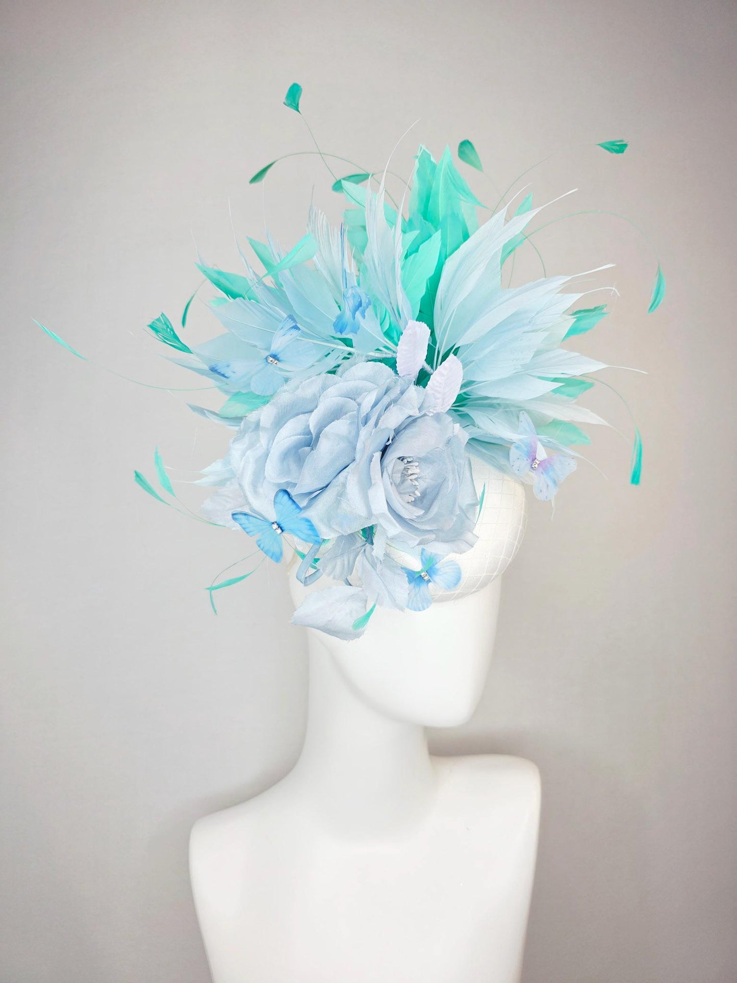kentucky derby hat fascinator white satin with netting light blue organza rose light blue green mint aqua feathers sky blue butterflies