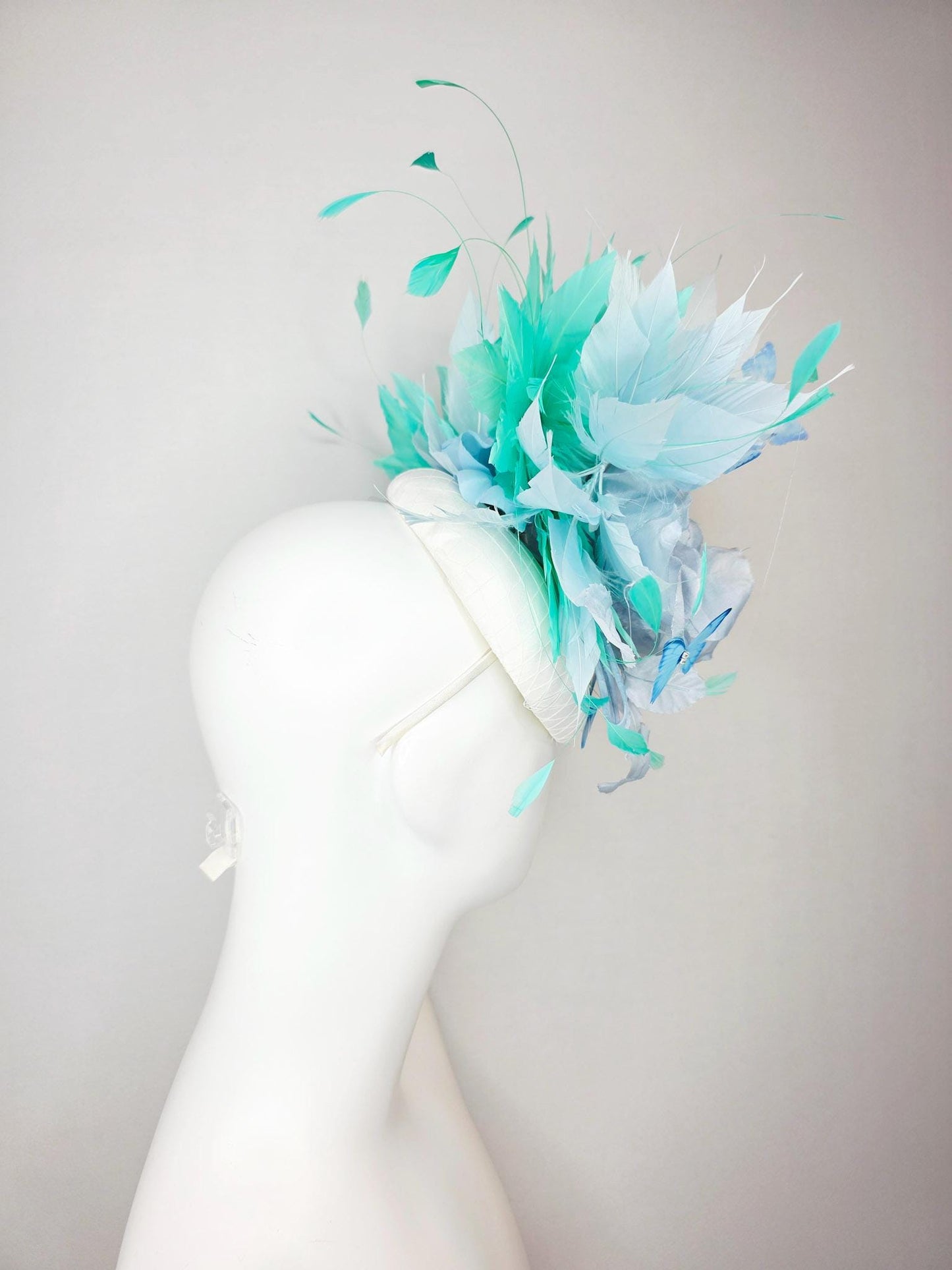 kentucky derby hat fascinator white satin with netting light blue organza rose light blue green mint aqua feathers sky blue butterflies