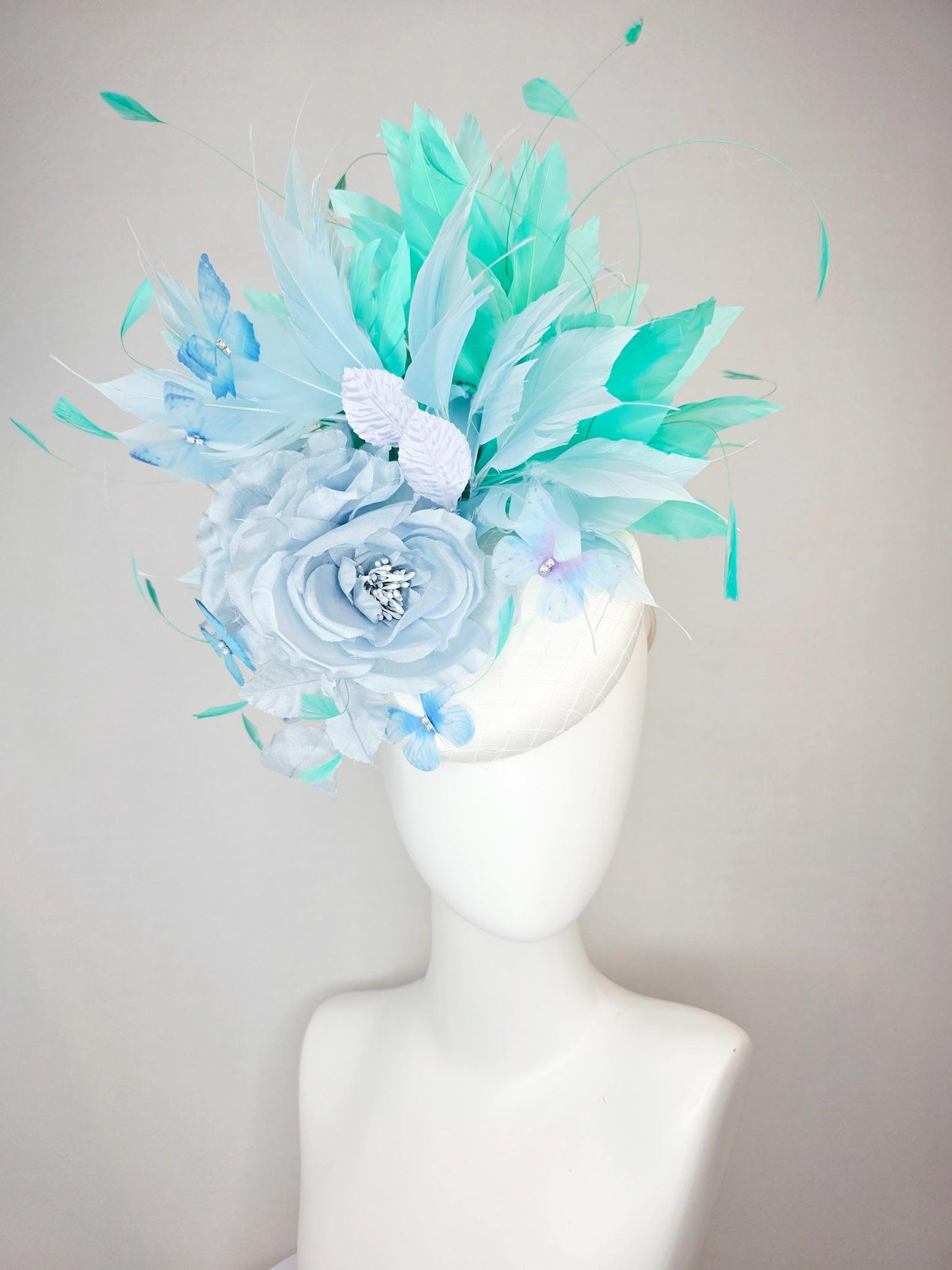kentucky derby hat fascinator white satin with netting light blue organza rose light blue green mint aqua feathers sky blue butterflies