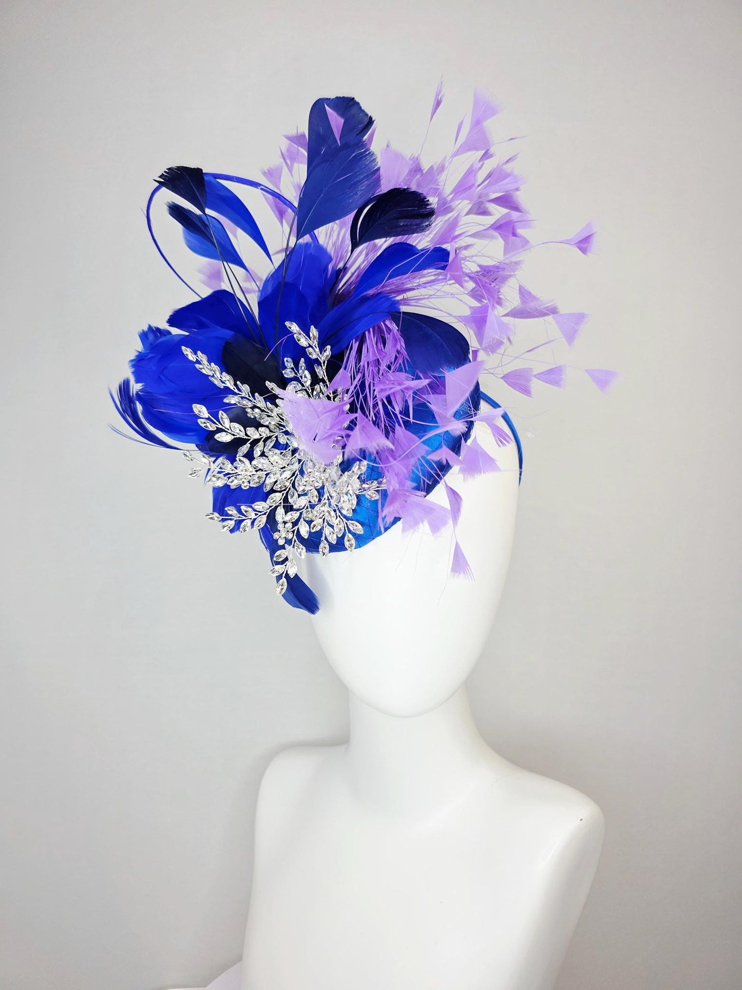 kentucky derby hat fascinator cobalt royal blue satin with netting leaf vine crystal clear rhinestone cobalt blue lavender purple feathers