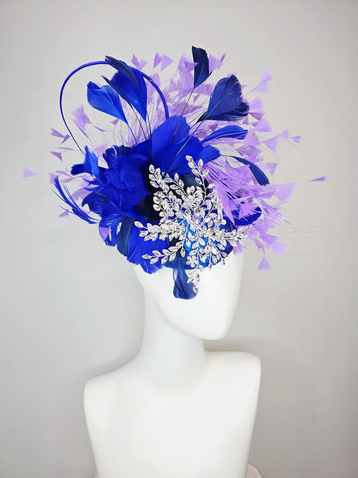 kentucky derby hat fascinator cobalt royal blue satin with netting leaf vine crystal clear rhinestone cobalt blue lavender purple feathers