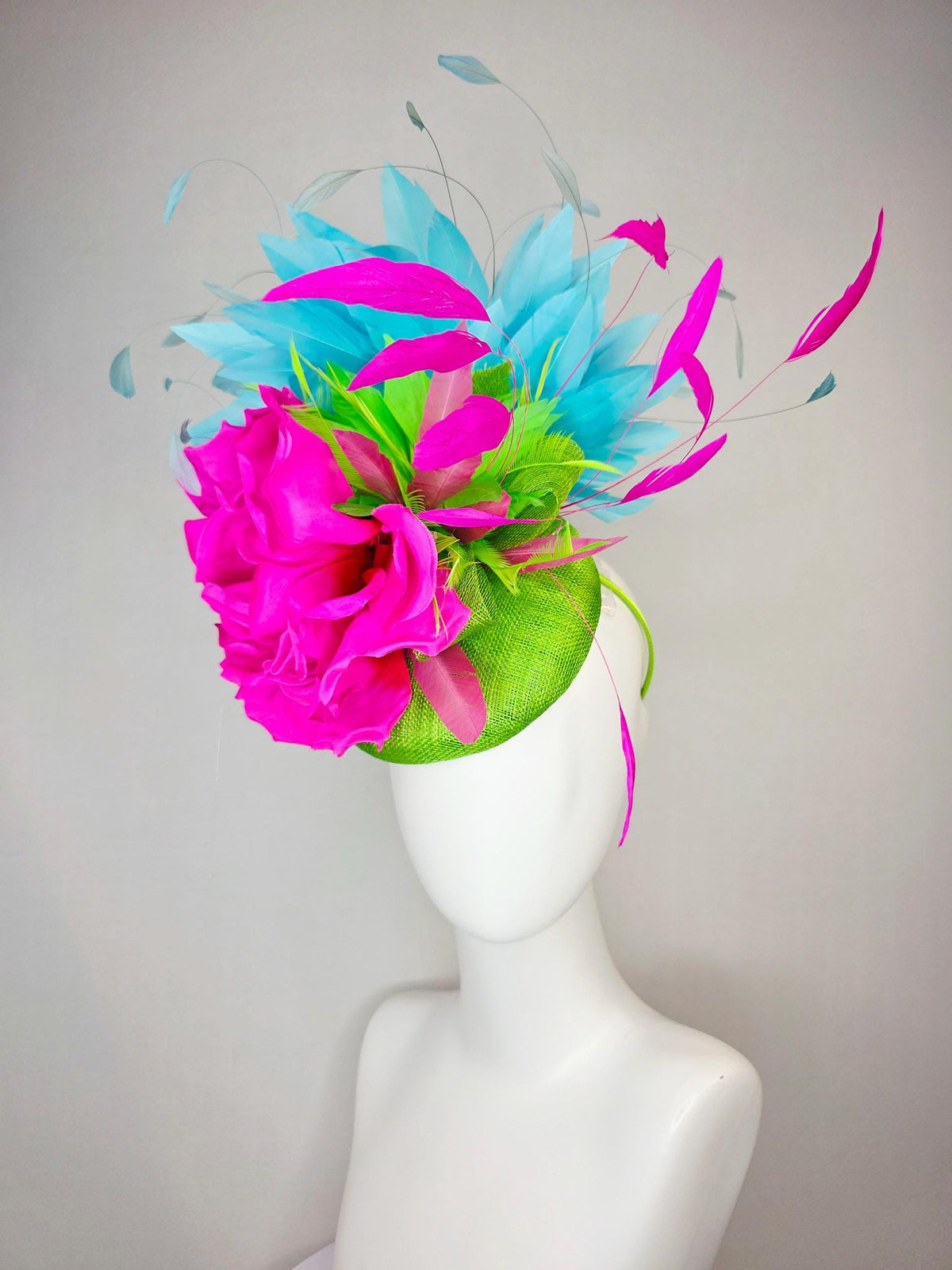 kentucky derby hat fascinator lime green sinamay with bow fuchsia pink satin silk flower lime green sky turquoise blue branching feathers