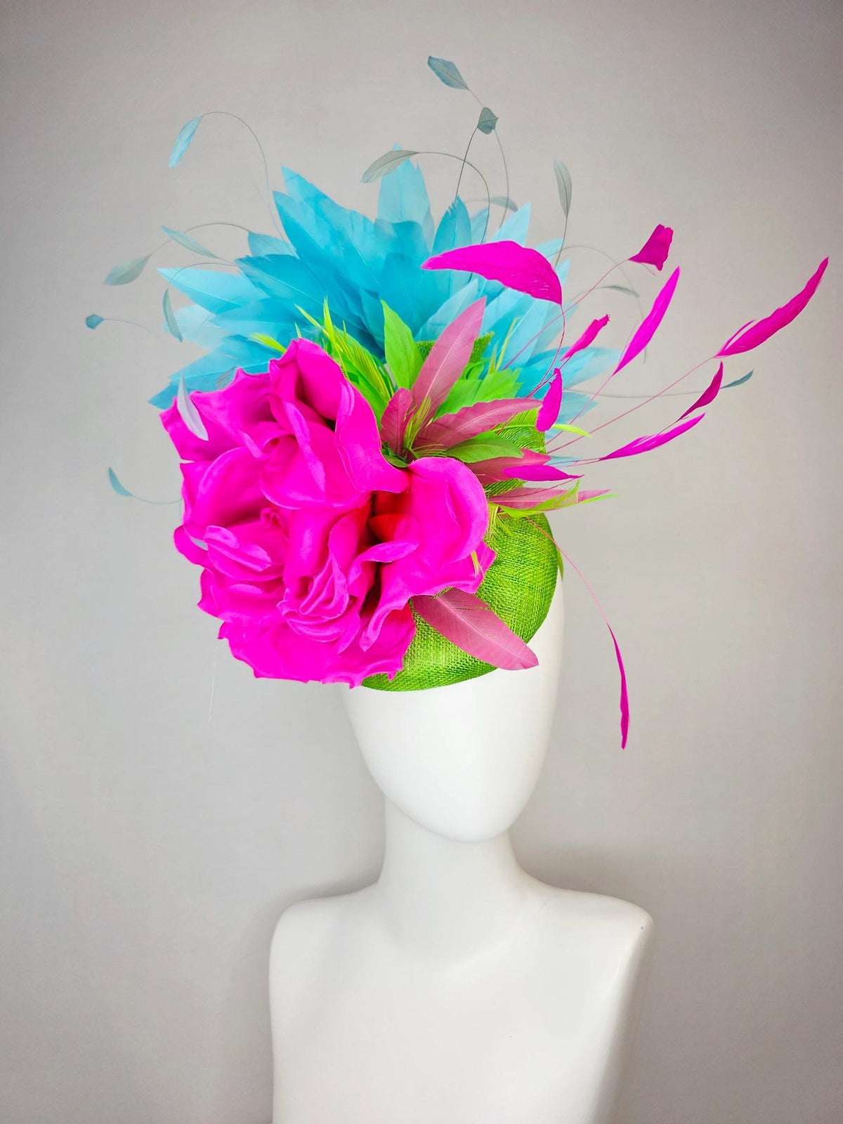 kentucky derby hat fascinator lime green sinamay with bow fuchsia pink satin silk flower lime green sky turquoise blue branching feathers
