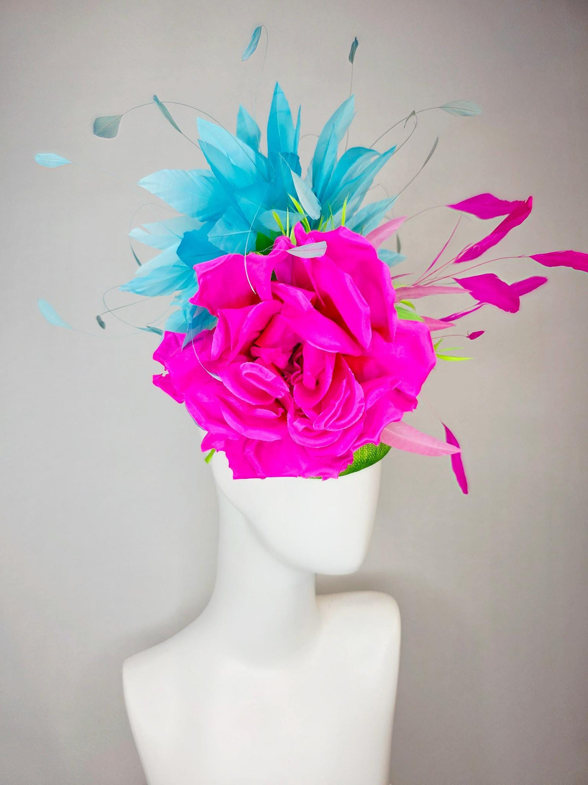 kentucky derby hat fascinator lime green sinamay with bow fuchsia pink satin silk flower lime green sky turquoise blue branching feathers