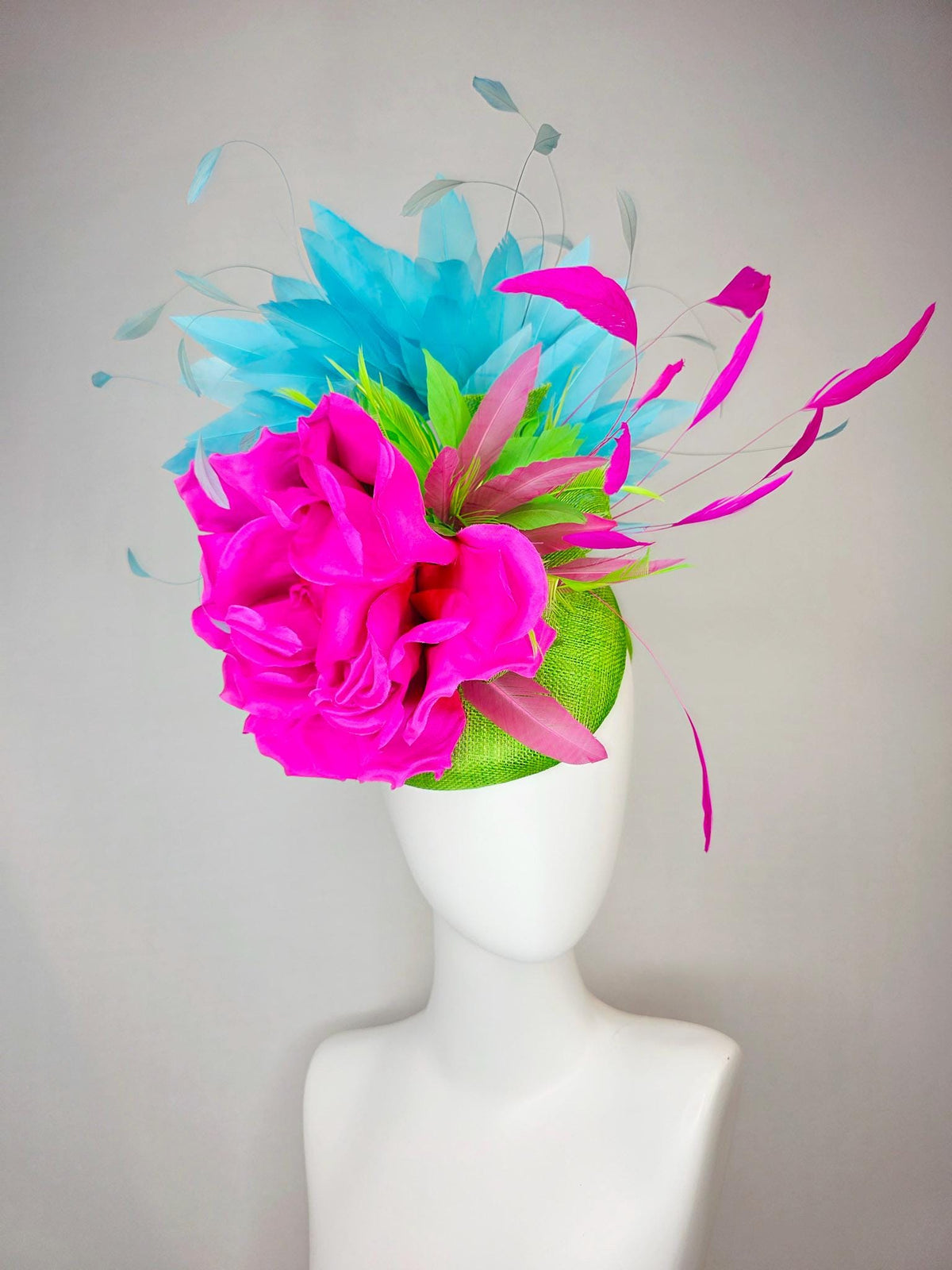 kentucky derby hat fascinator lime green sinamay with bow fuchsia pink satin silk flower lime green sky turquoise blue branching feathers