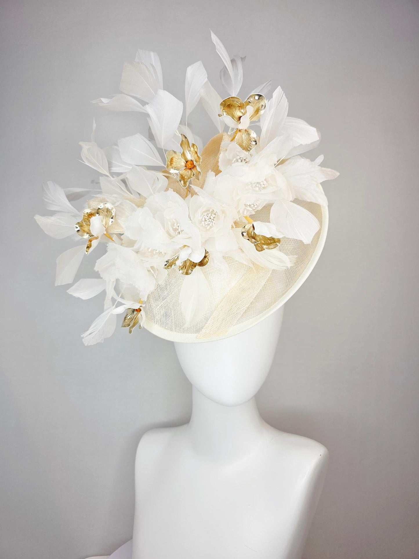 kentucky derby hat fascinator neutral cream ivory beige sinamay saucer with bow white organza flowers and gold orchids and white feathers