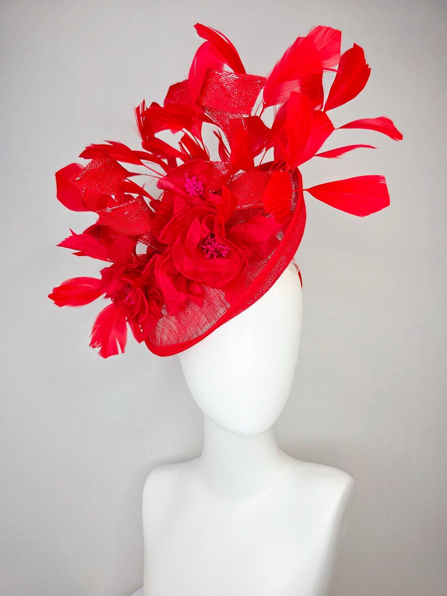 kentucky derby hat fascinator scarlet red sinamay saucer with curls red organza satin flowers with red leaves bright red branching feathers