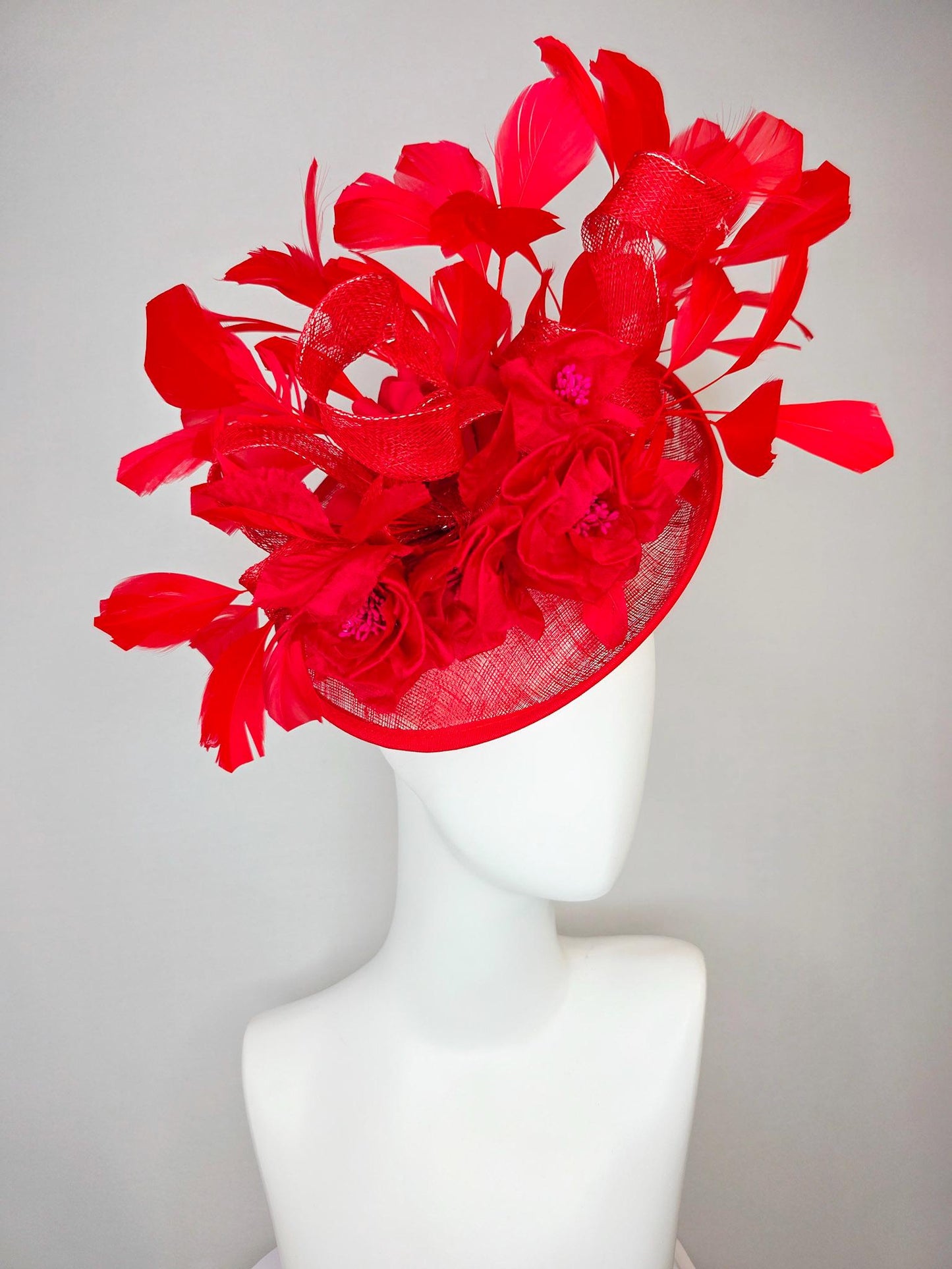 kentucky derby hat fascinator scarlet red sinamay saucer with curls red organza satin flowers with red leaves bright red branching feathers