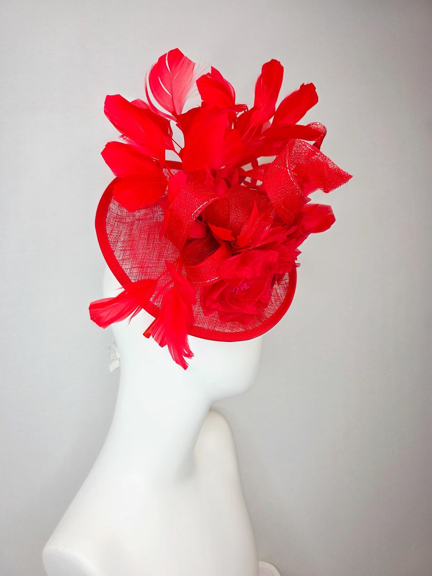 kentucky derby hat fascinator scarlet red sinamay saucer with curls red organza satin flowers with red leaves bright red branching feathers
