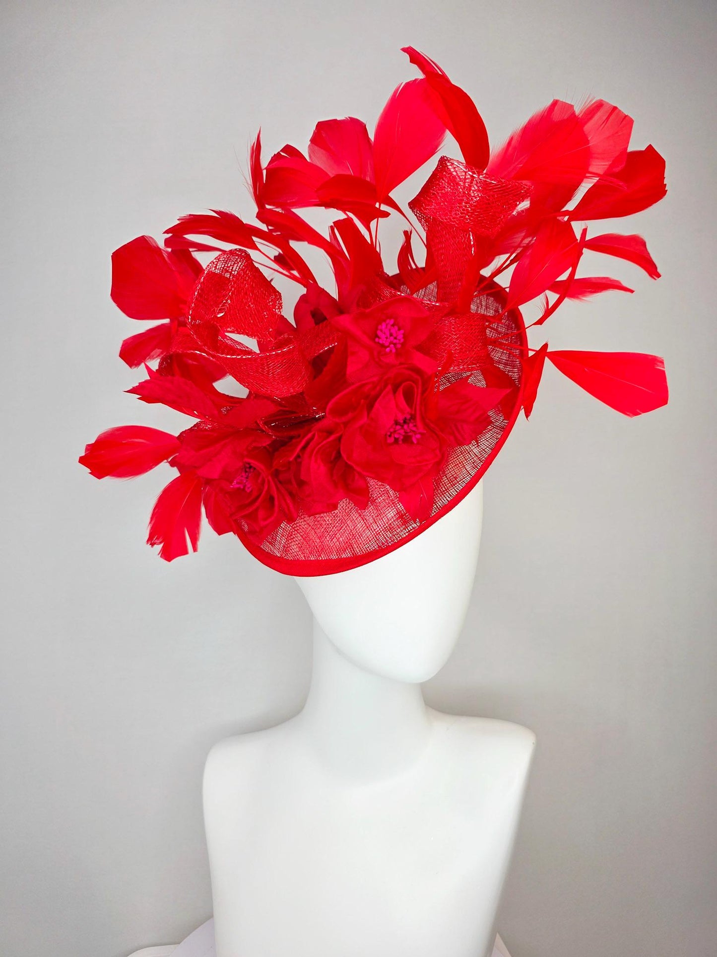 kentucky derby hat fascinator scarlet red sinamay saucer with curls red organza satin flowers with red leaves bright red branching feathers