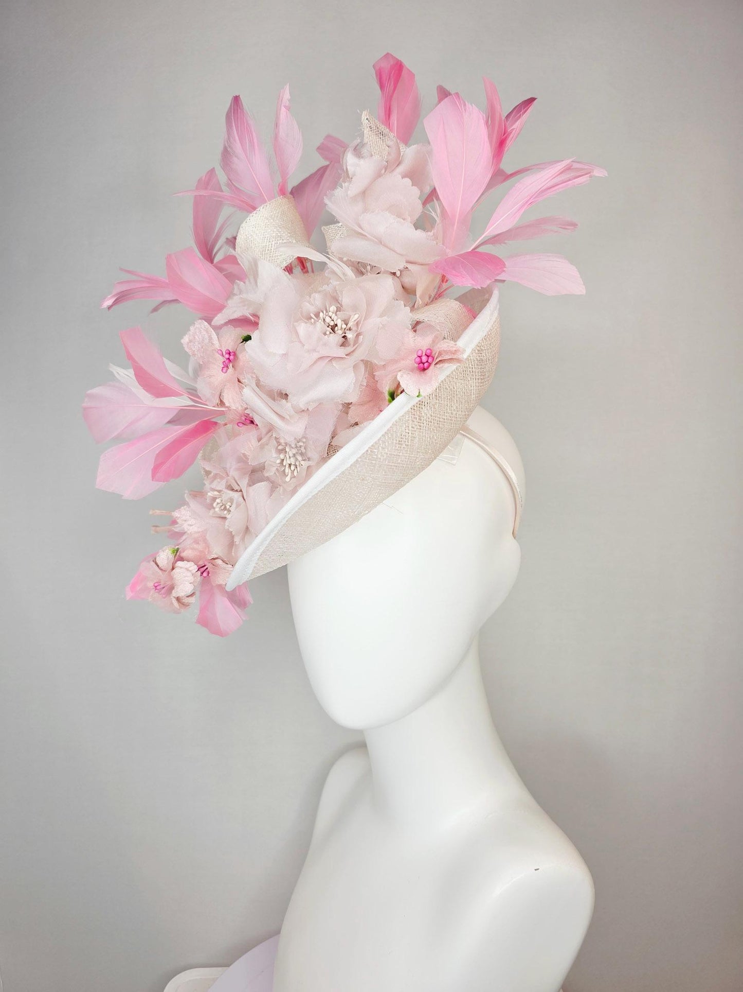 kentucky derby hat fascinator ivory white sinamay saucer with curls light pale pink organza flowers with leaves blush and baby pink feathers