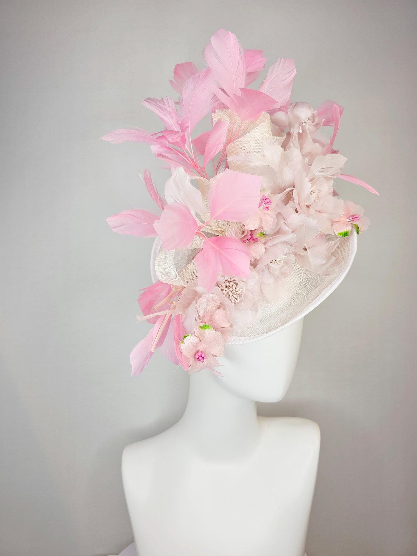 kentucky derby hat fascinator ivory white sinamay saucer with curls light pale pink organza flowers with leaves blush and baby pink feathers