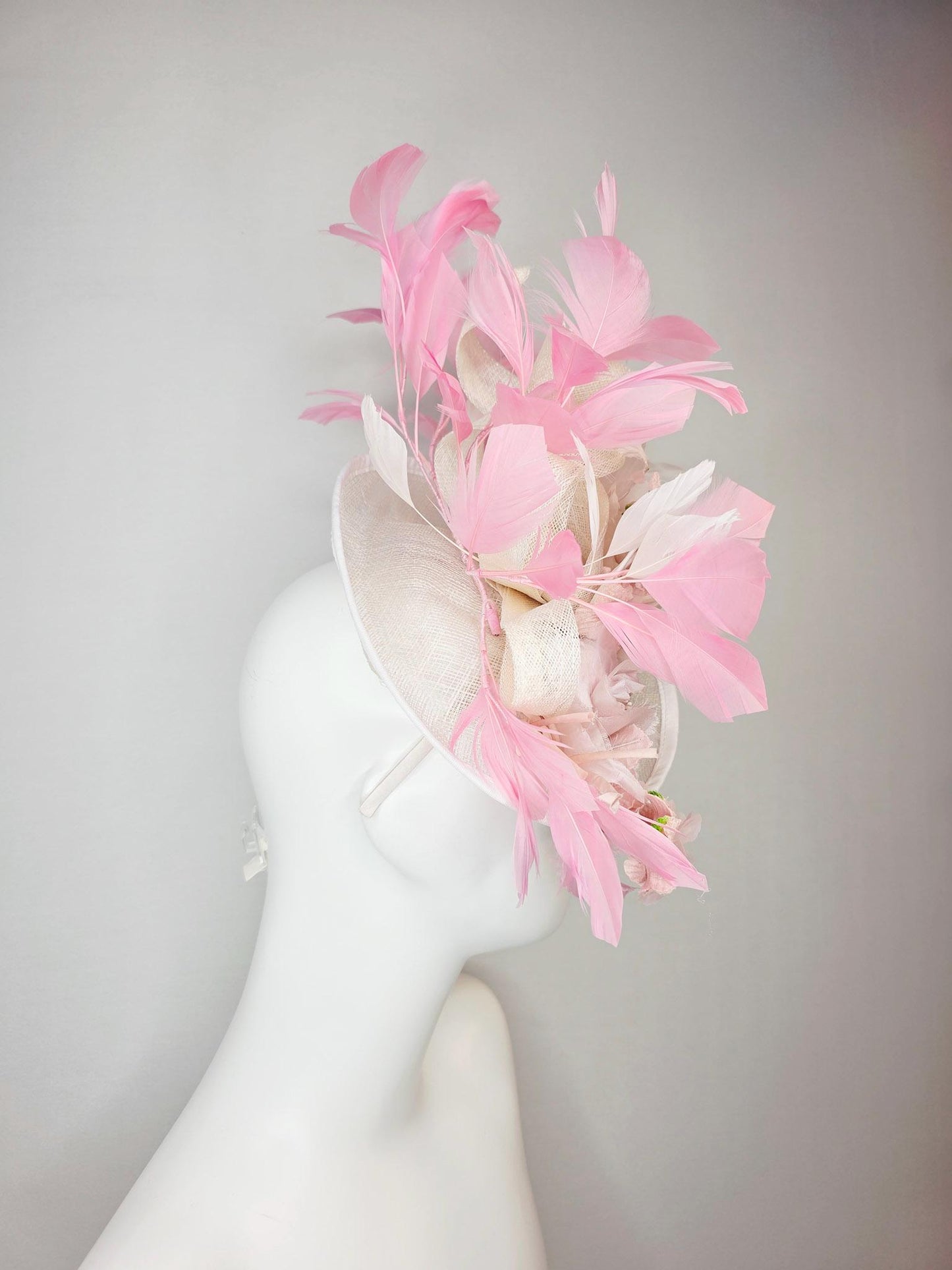 kentucky derby hat fascinator ivory white sinamay saucer with curls light pale pink organza flowers with leaves blush and baby pink feathers