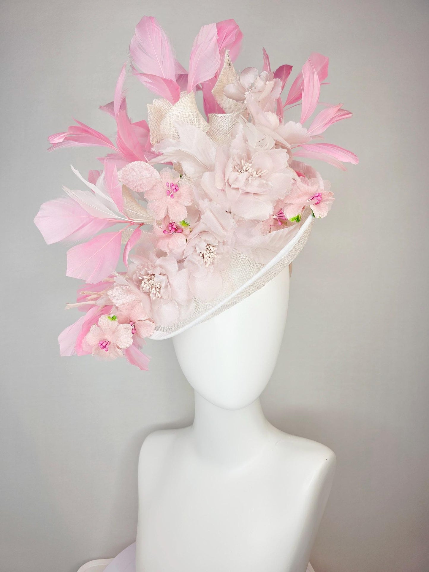 kentucky derby hat fascinator ivory white sinamay saucer with curls light pale pink organza flowers with leaves blush and baby pink feathers